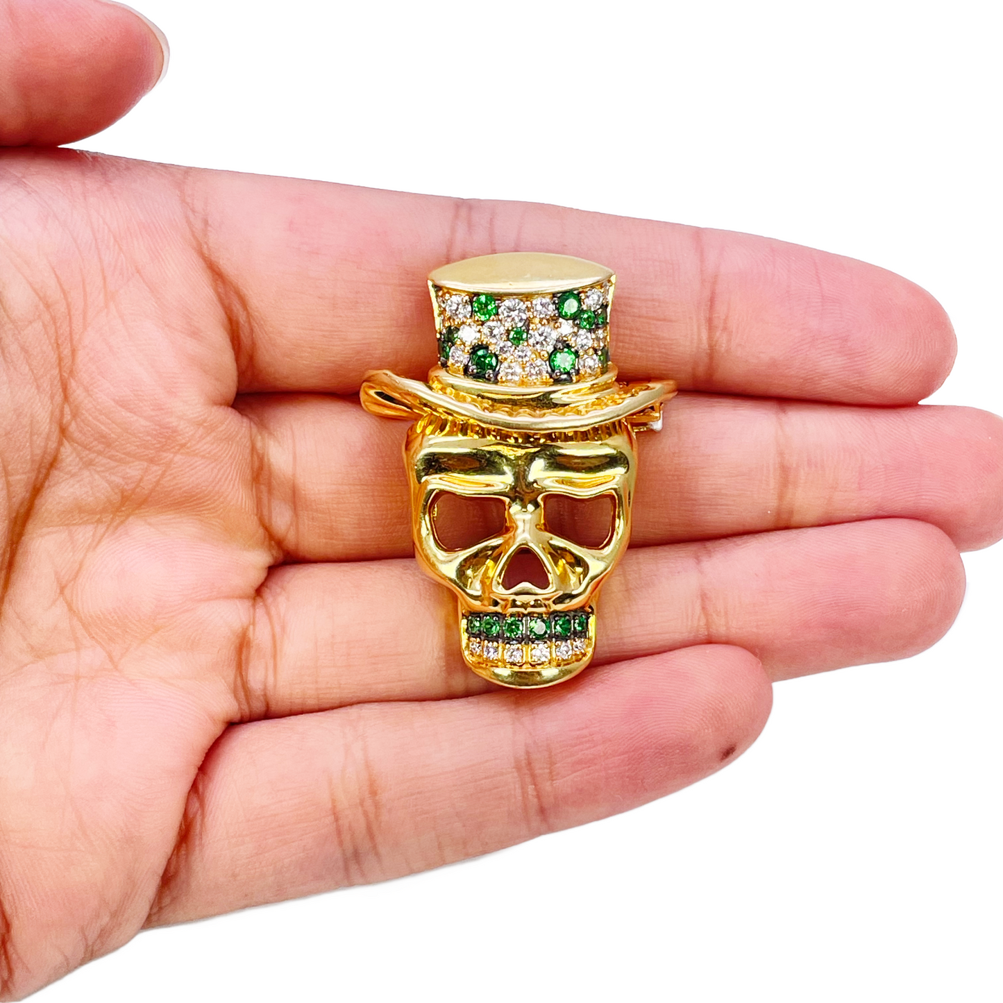 18ct Yellow Gold Natural Round Tsavorite & Diamond Skull Brooch Pin 1.16ct