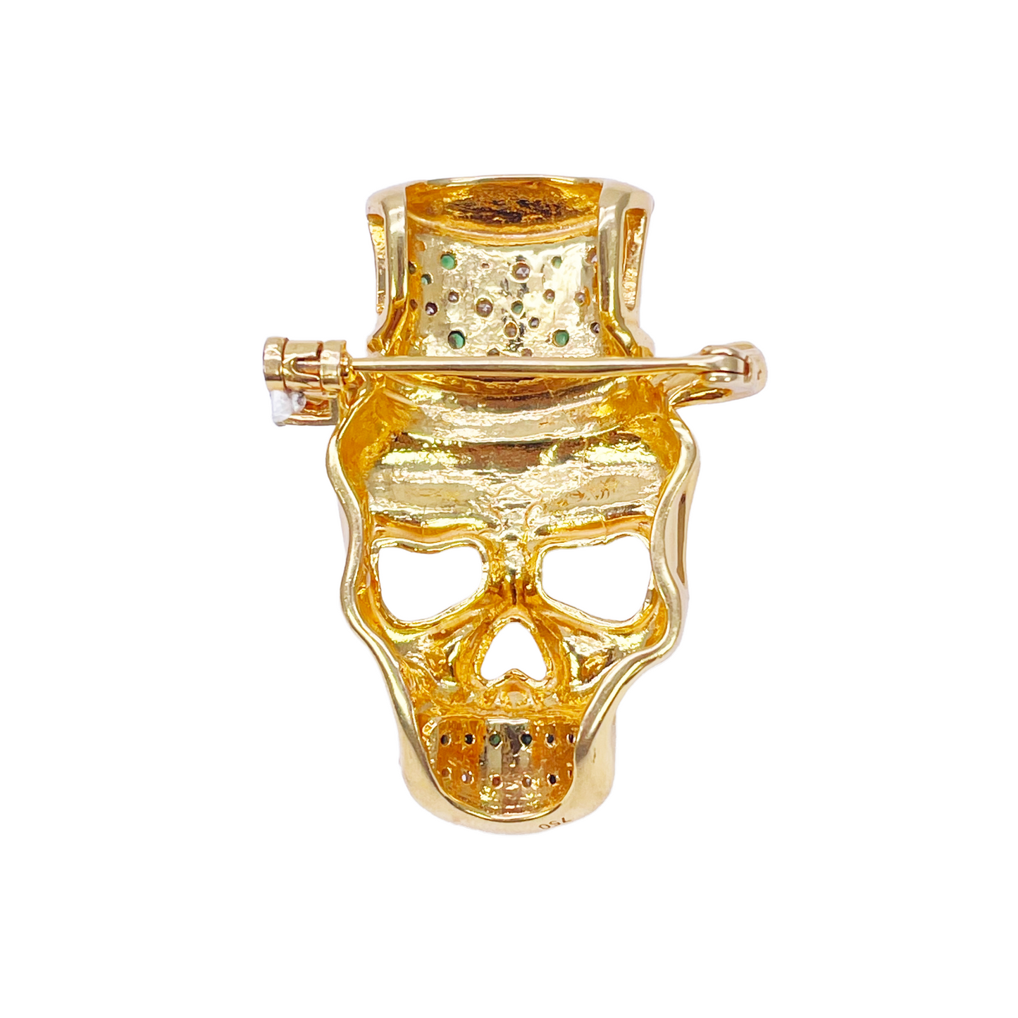 18ct Yellow Gold Natural Round Tsavorite & Diamond Skull Brooch Pin 1.16ct