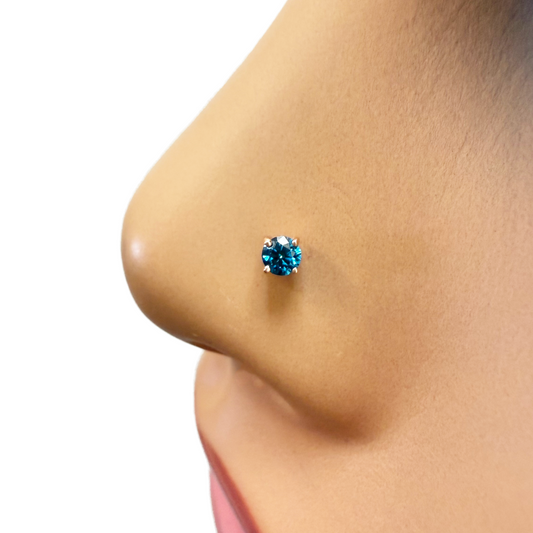 18ct White Or Rose Gold Blue Diamond Nose Stud Pin 0.08ct 4 claw 2.6mm Width