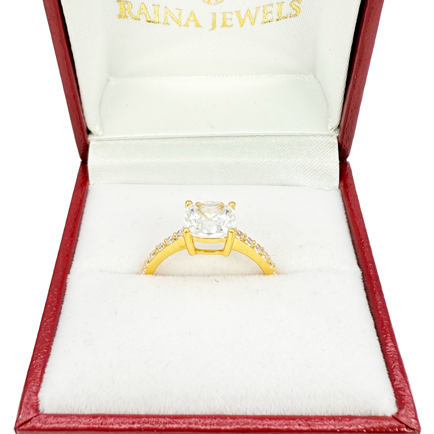 22ct Yellow Gold Cubic Zirconia Cushion Cut Pave Engagement Ring 7mm Width