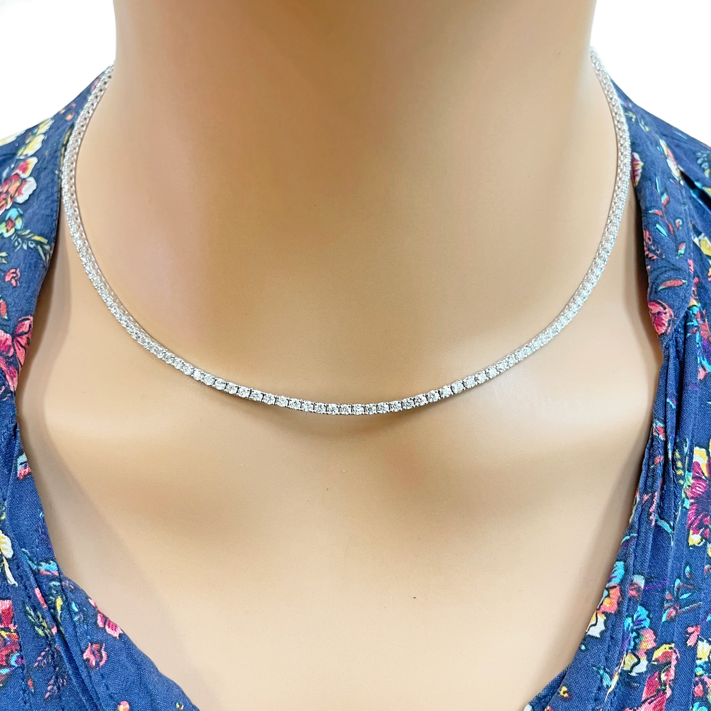 18ct White Gold 4-Claw Natural Diamond Tennis Necklace 6.00ct 17.5 Inches