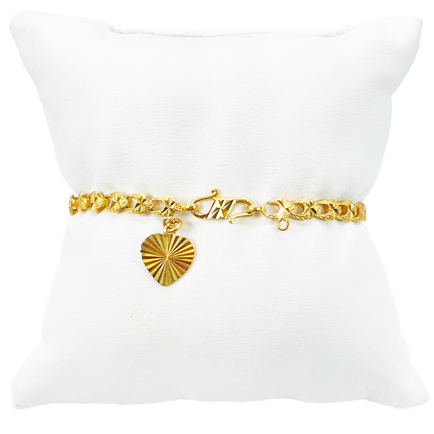 22ct Yellow Gold Diamond Cut Textured Link Bracelet & Heart Charm