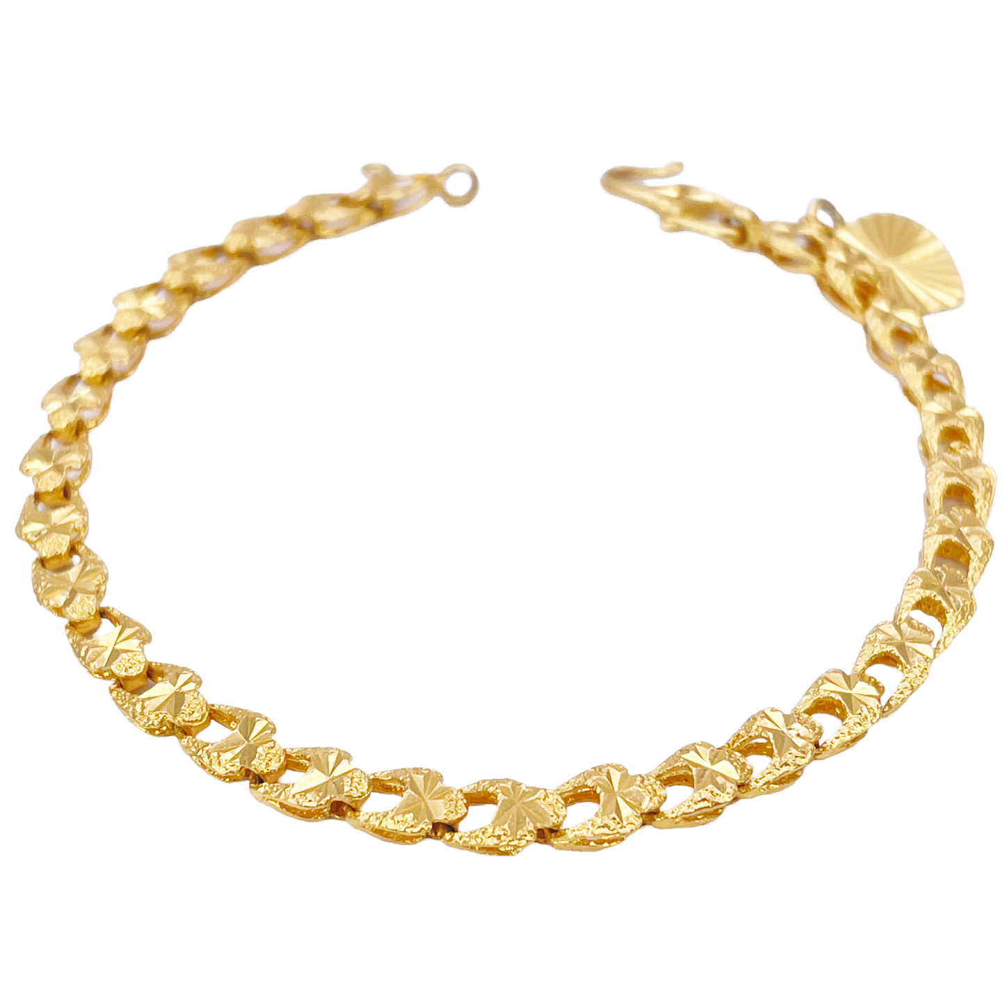 22ct Yellow Gold Diamond Cut Textured Link Bracelet & Heart Charm