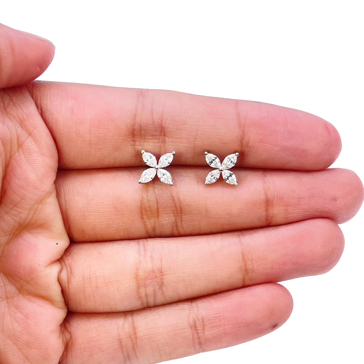 18ct White Gold Natural Marquise Diamond Four Leaf Stud Earrings 0.75ct