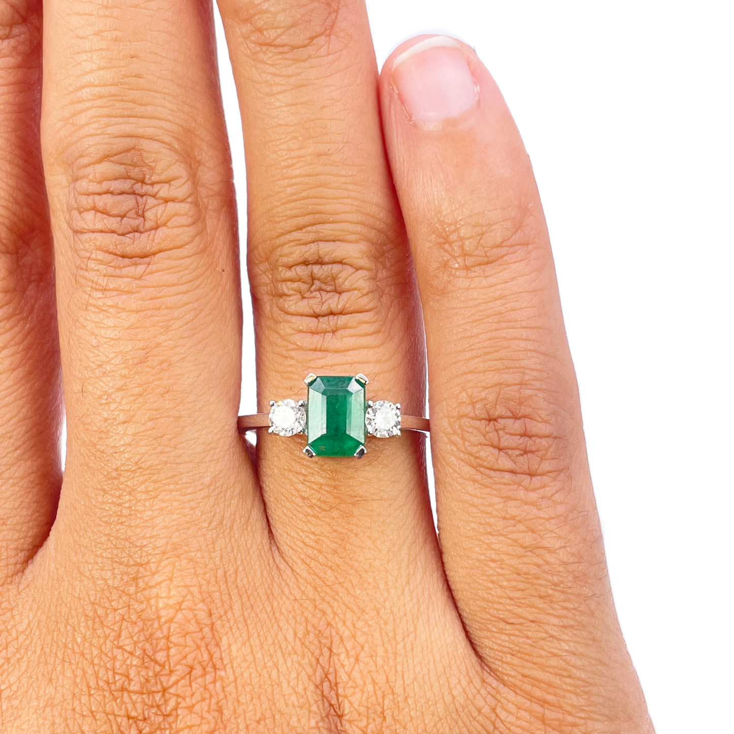 18ct White Gold Natural Emerald Cut Emerald & Round Diamond Trilogy Ring 1.28ct