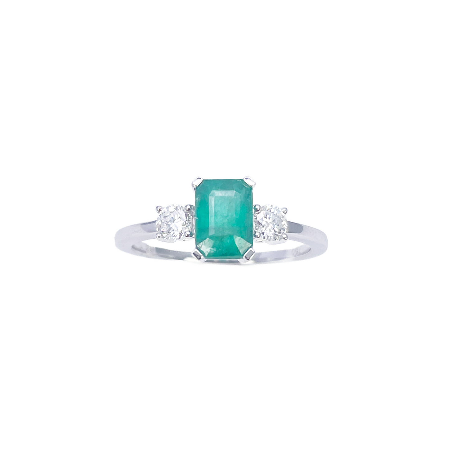 18ct White Gold Natural Emerald Cut Emerald & Round Diamond Trilogy Ring 1.28ct