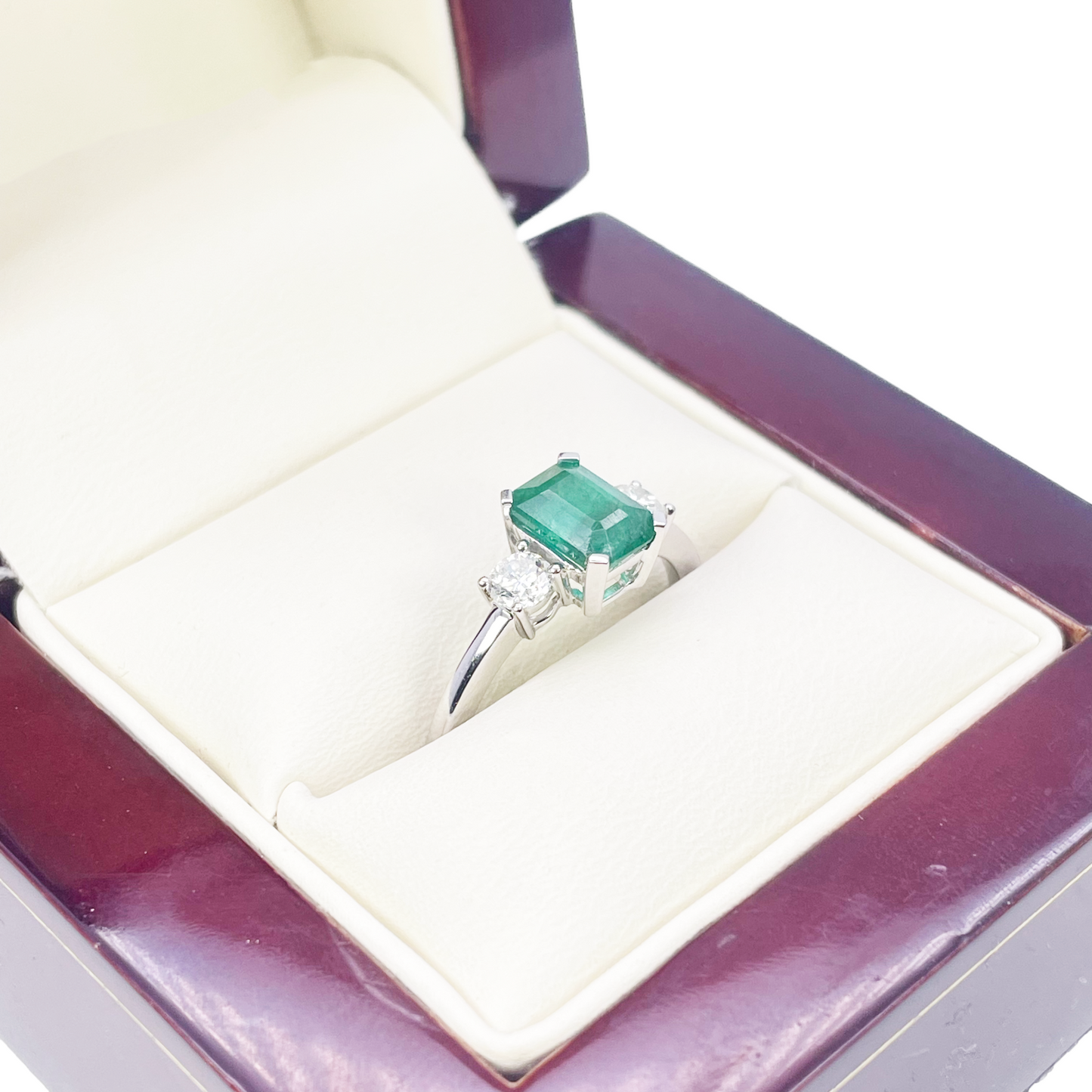 18ct White Gold Natural Emerald Cut Emerald & Round Diamond Trilogy Ring 1.28ct