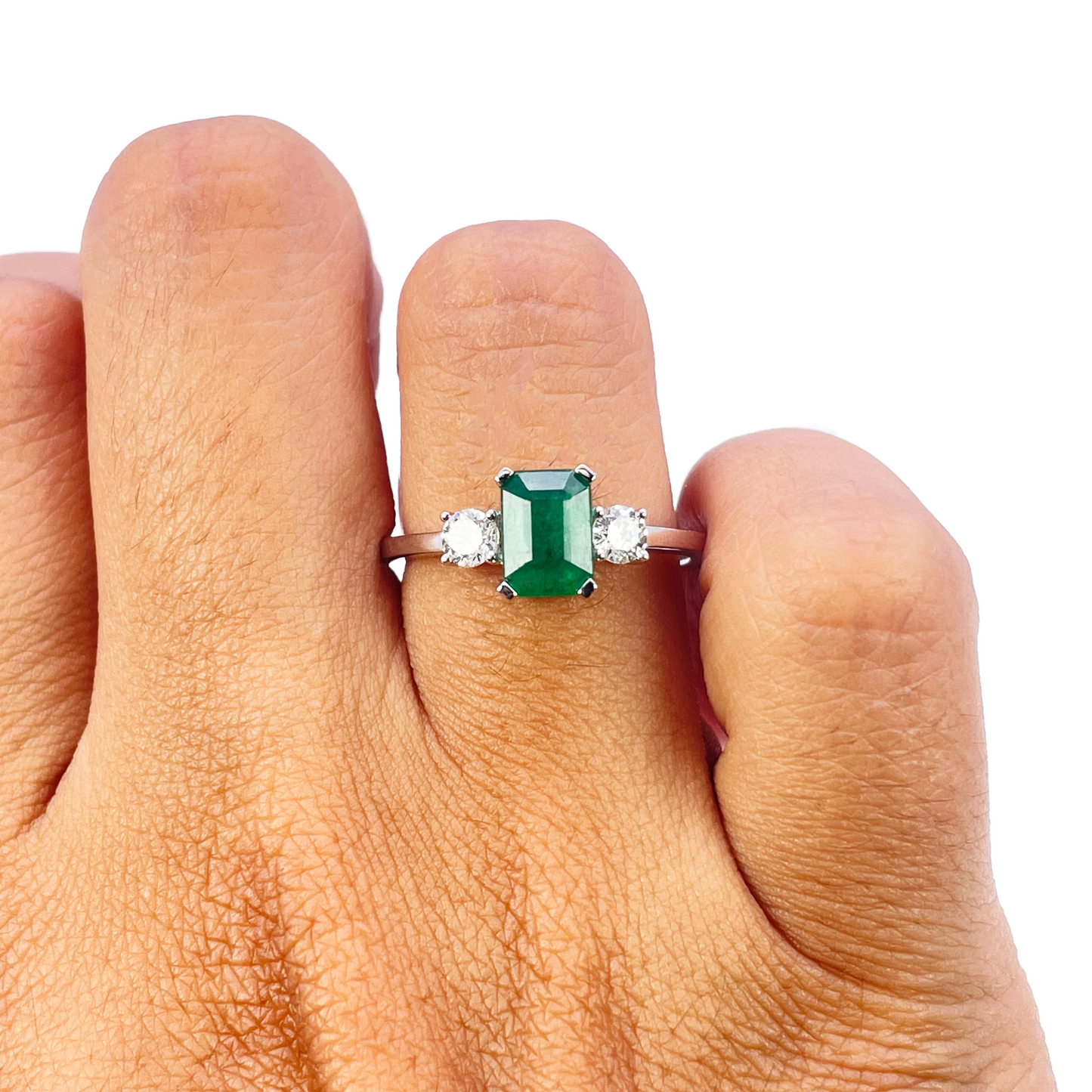 18ct White Gold Natural Emerald Cut Emerald & Round Diamond Trilogy Ring 1.28ct