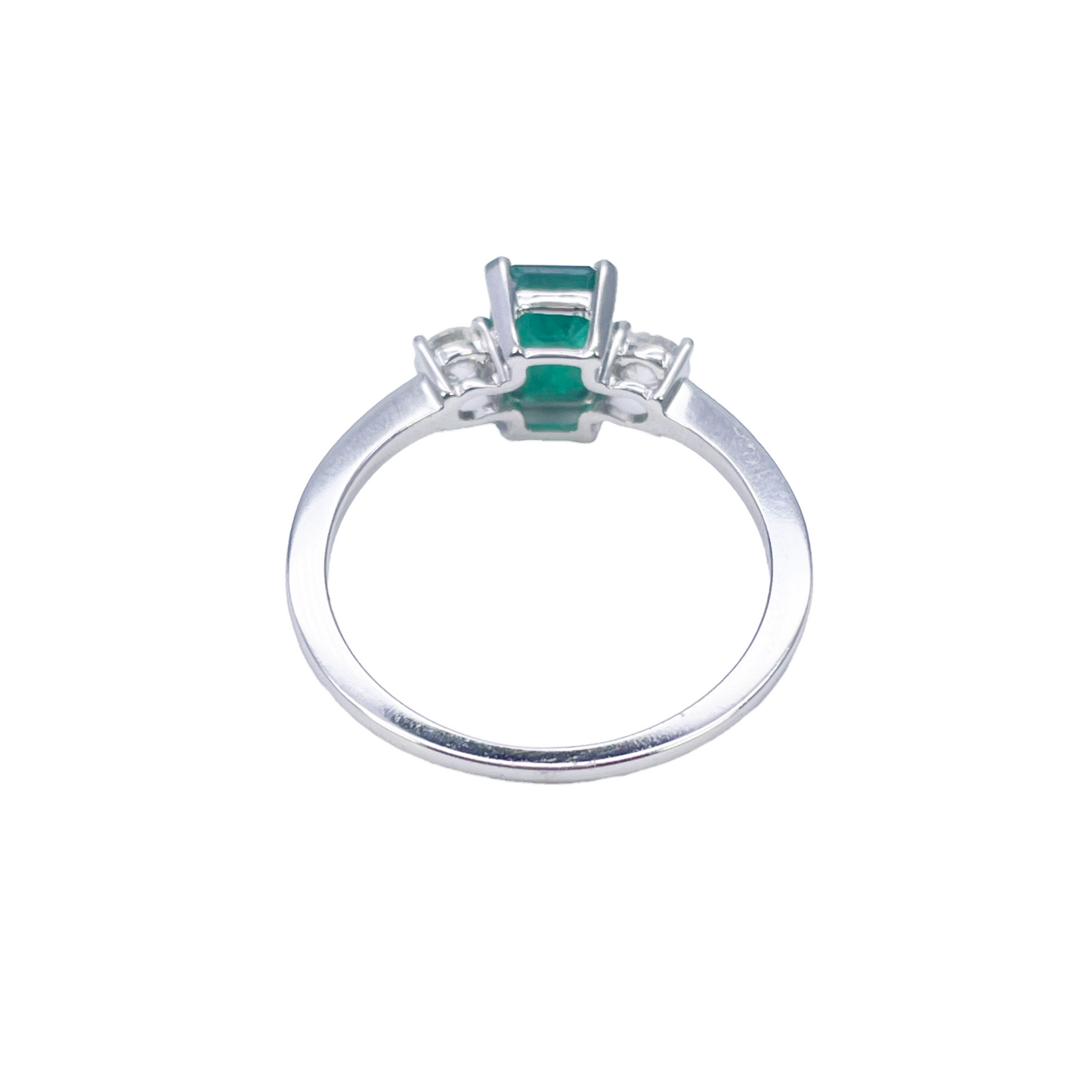 18ct White Gold Natural Emerald Cut Emerald & Round Diamond Trilogy Ring 1.28ct