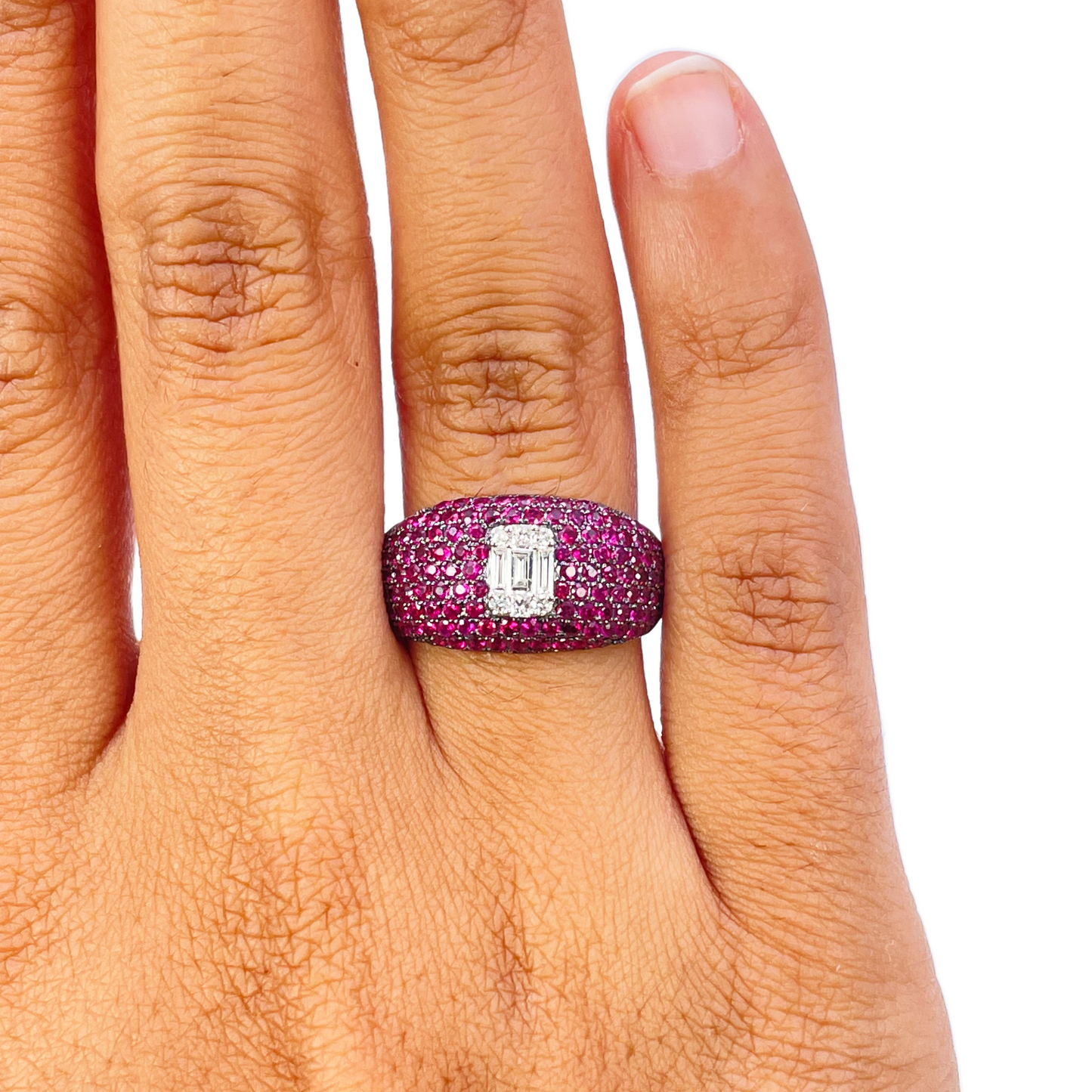18ct White Gold Natural Ruby Baguette Diamond Cluster Cocktail Dome Ring 1.45ct