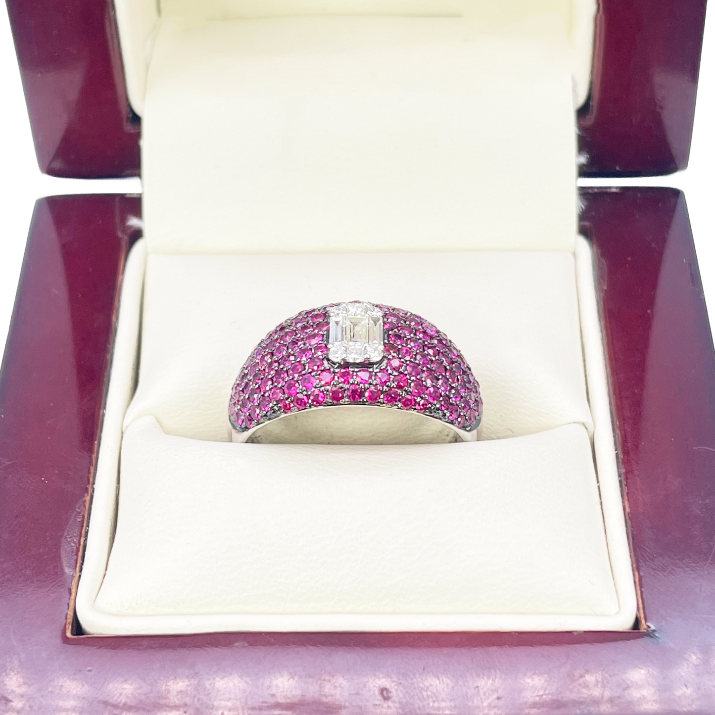 18ct White Gold Natural Ruby Baguette Diamond Cluster Cocktail Dome Ring 1.45ct
