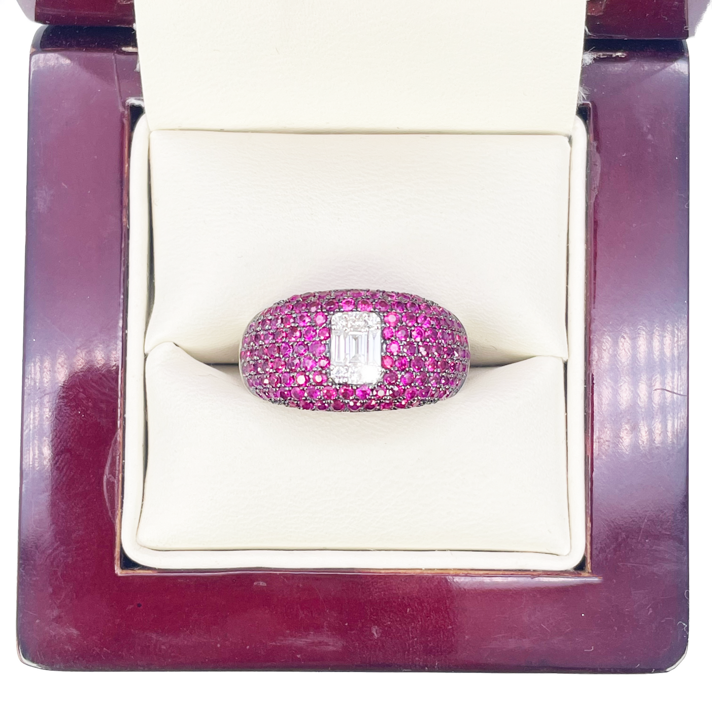 18ct White Gold Natural Ruby Baguette Diamond Cluster Cocktail Dome Ring 1.45ct