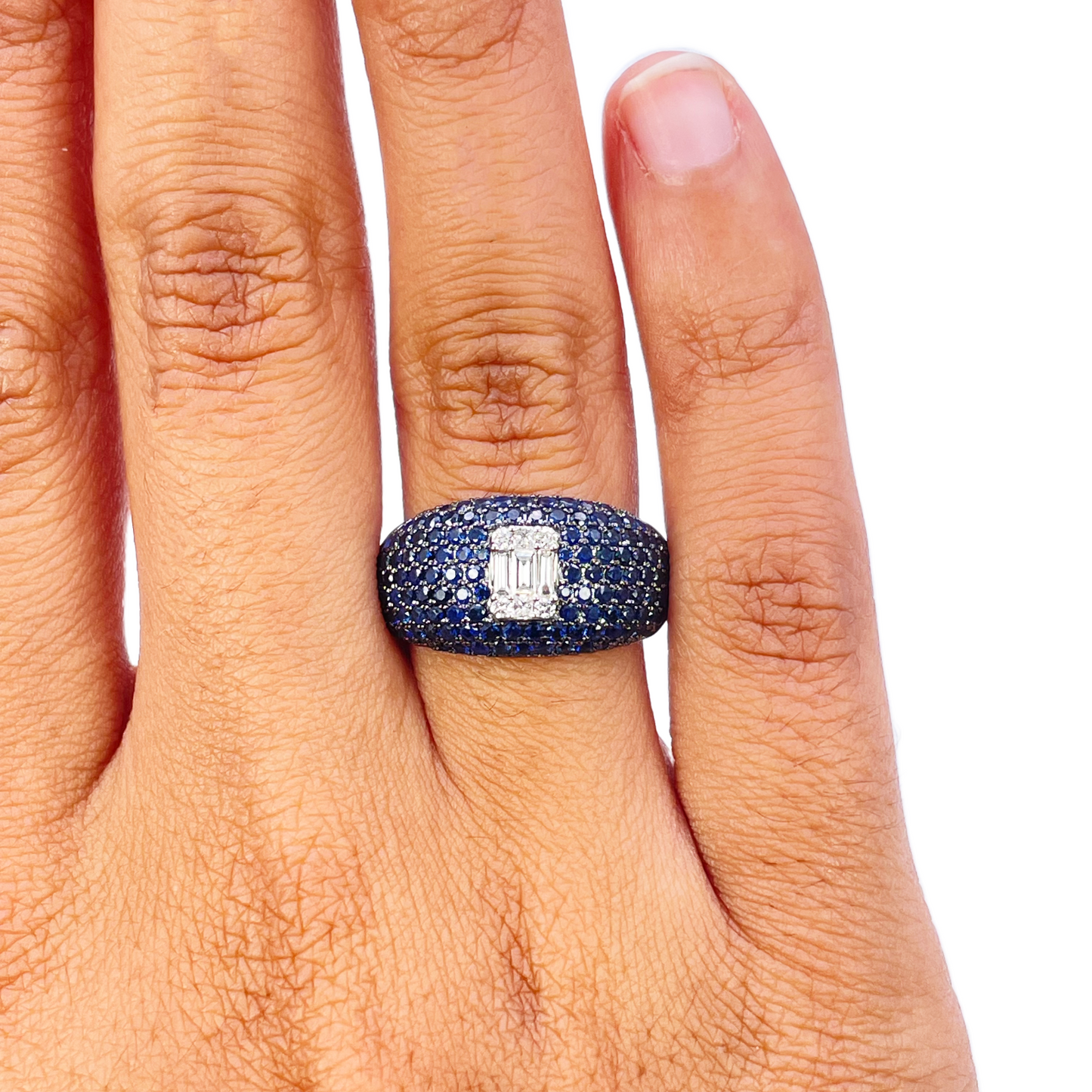 18ct White Gold Natural Sapphire & Diamond Cluster Cocktail Dome Ring 1.60ct