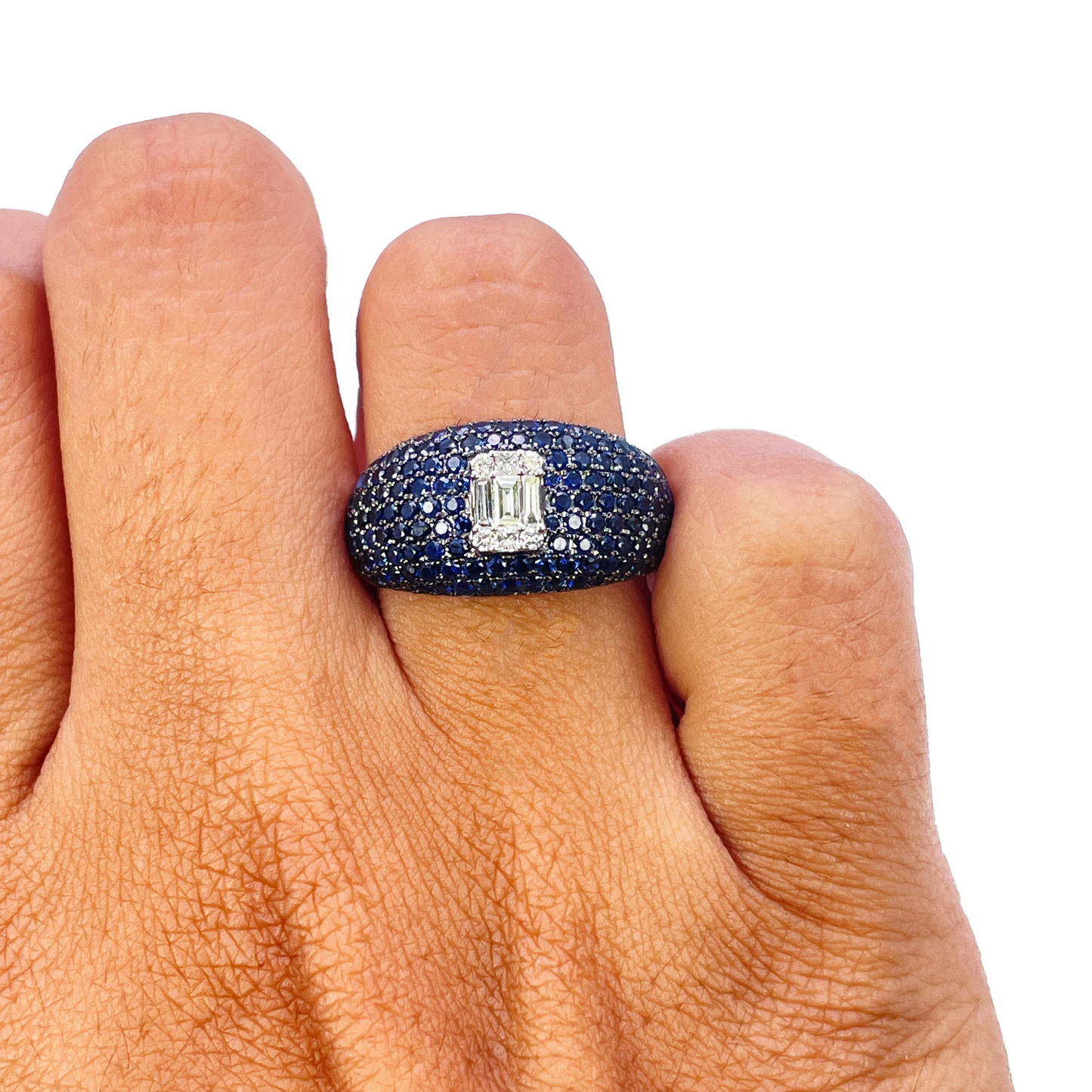 18ct White Gold Natural Sapphire & Diamond Cluster Cocktail Dome Ring 1.60ct