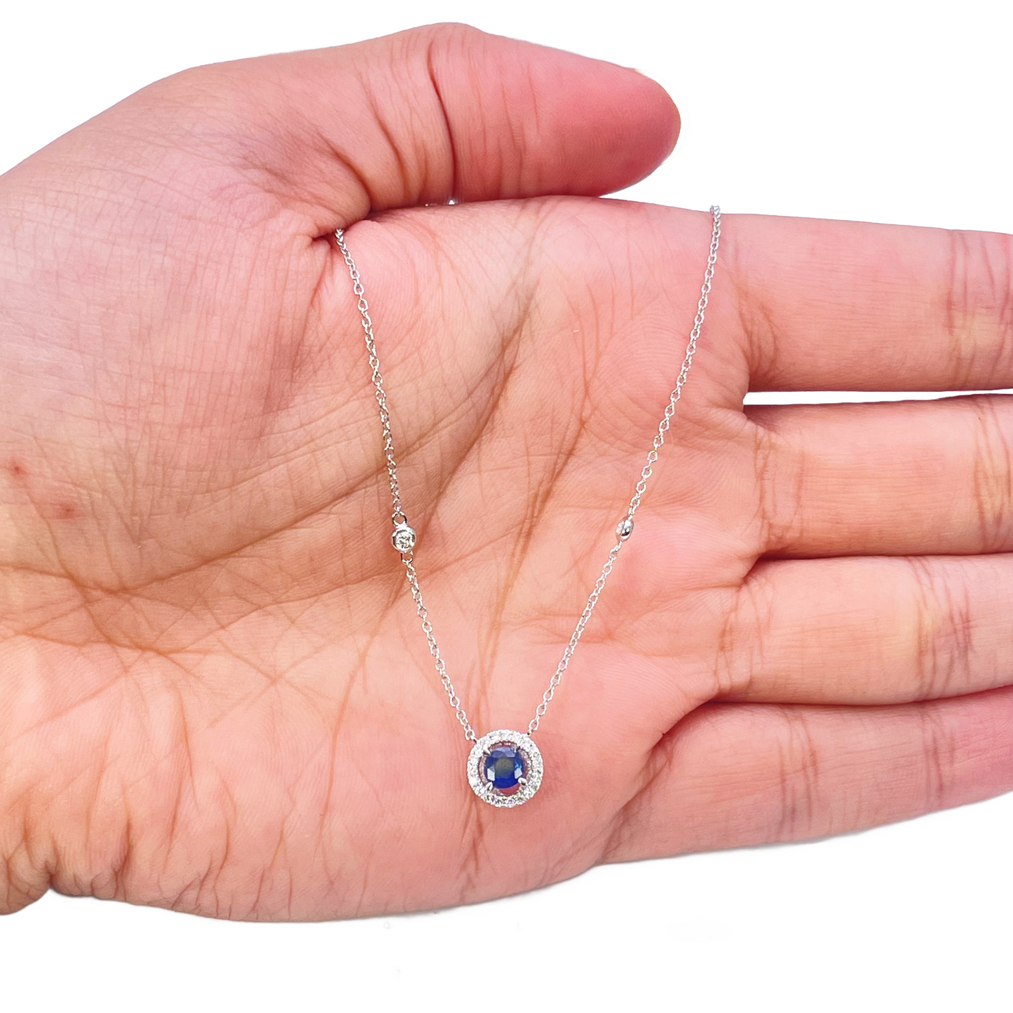 18ct White Gold Natural Round Diamond & Sapphire Halo Necklace 0.45ct