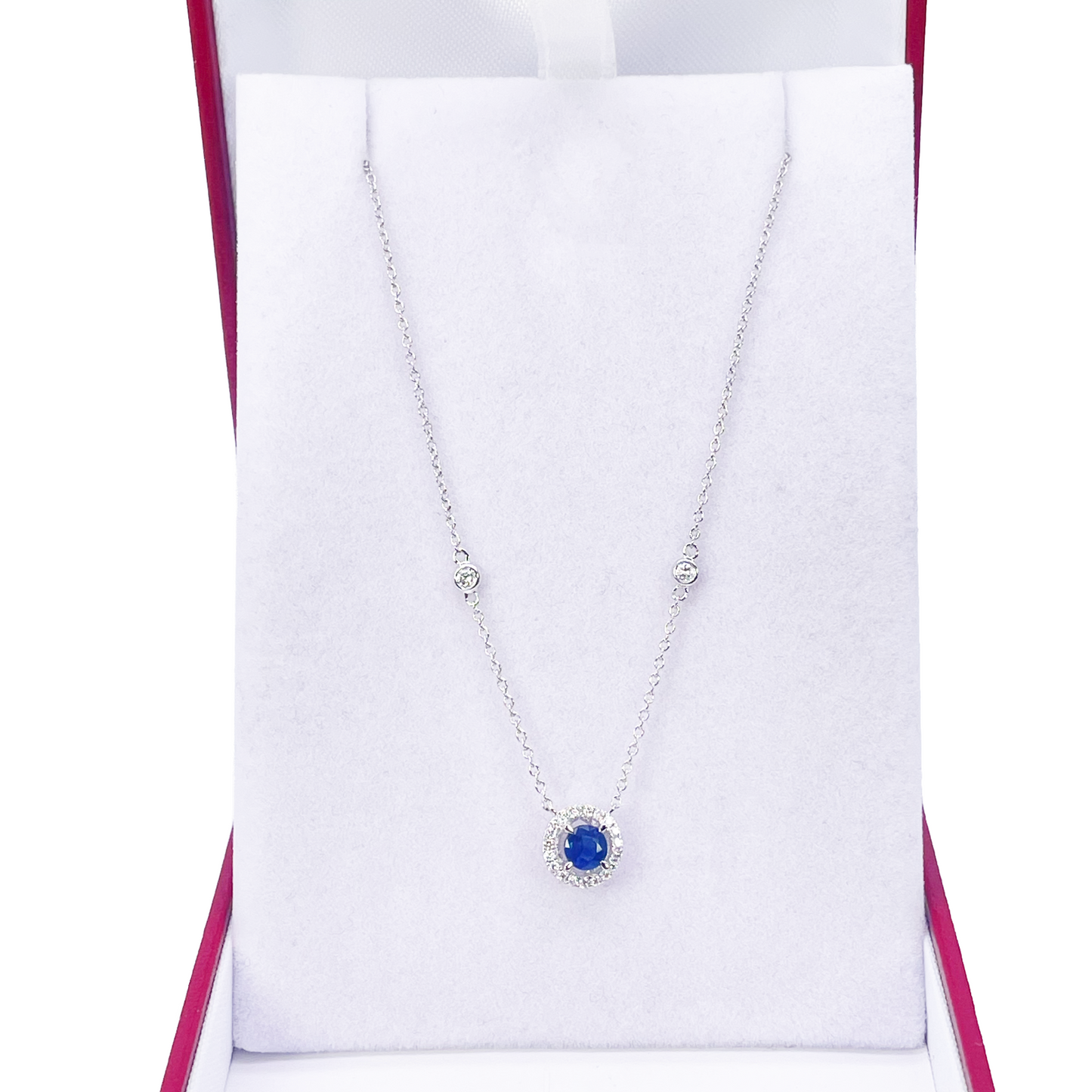 18ct White Gold Natural Round Diamond & Sapphire Halo Necklace 0.45ct