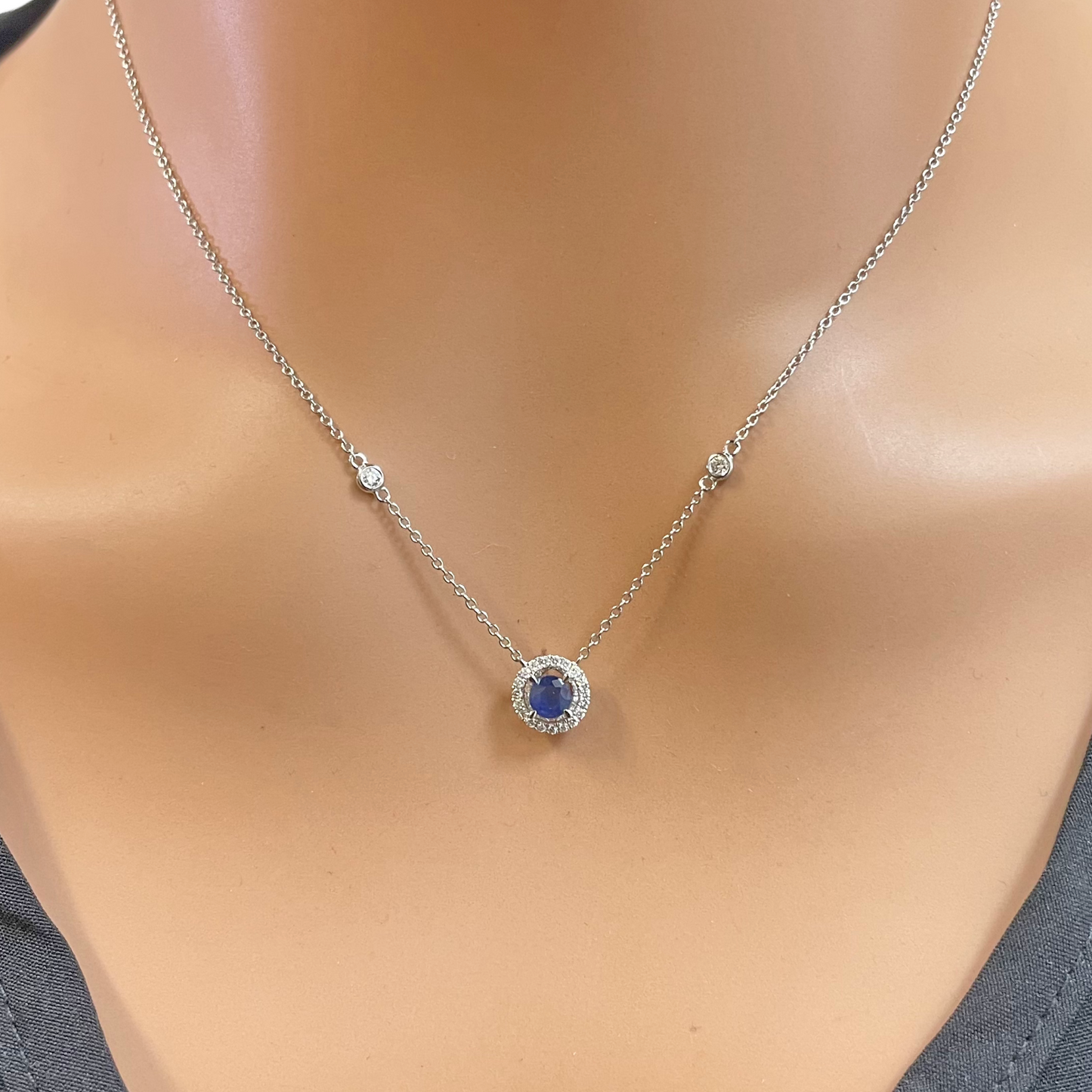 18ct White Gold Natural Round Diamond & Sapphire Halo Necklace 0.45ct