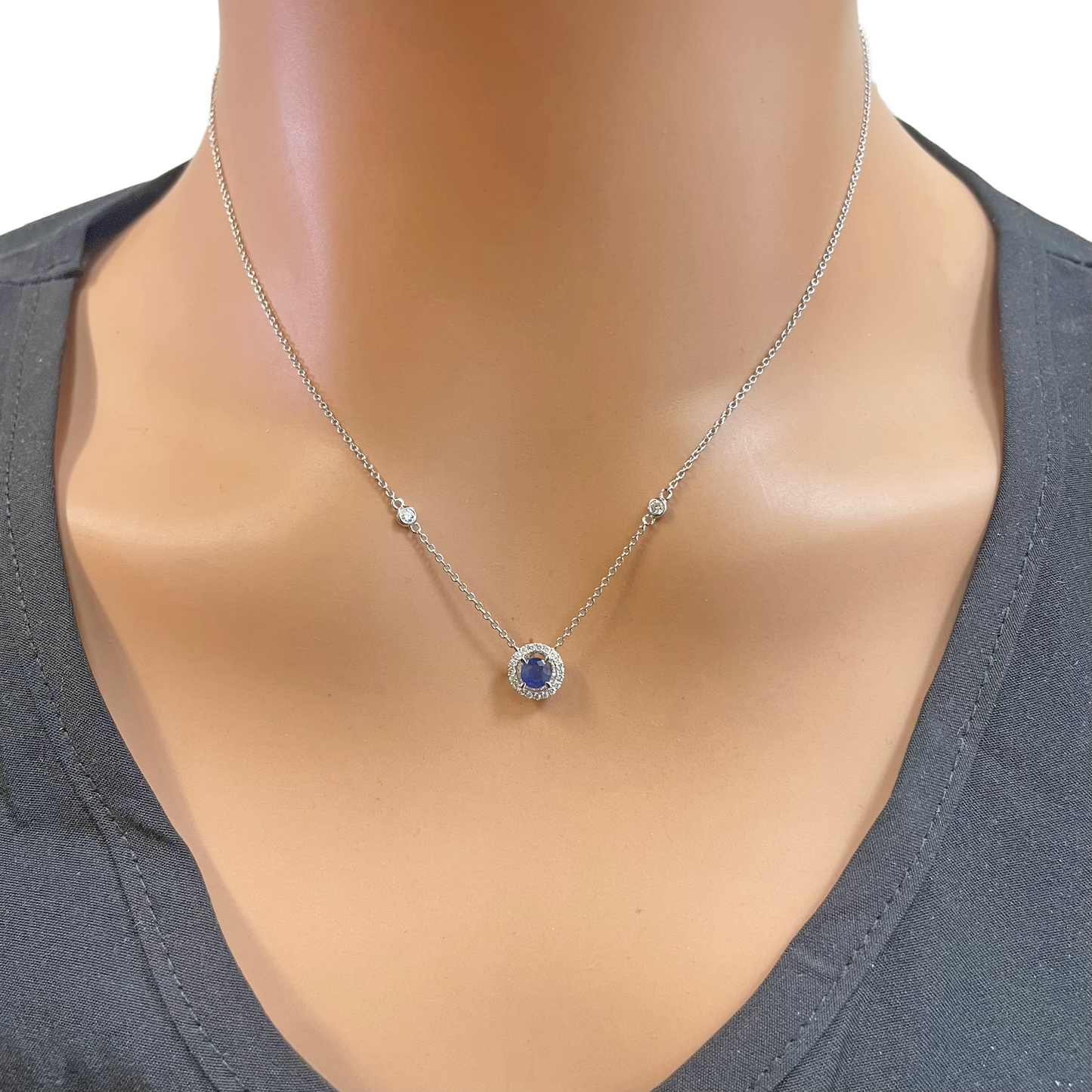 18ct White Gold Natural Round Diamond & Sapphire Halo Necklace 0.45ct