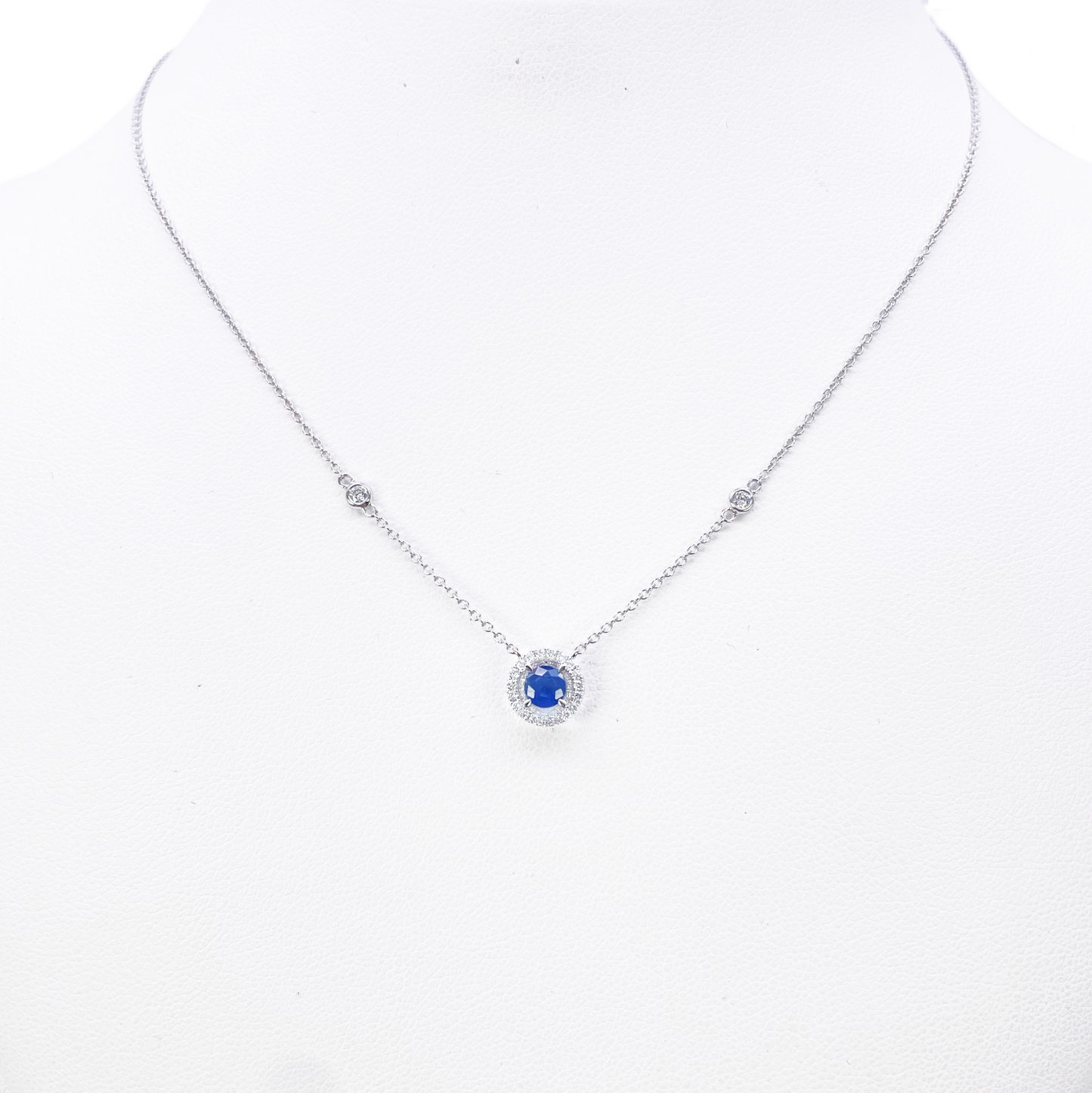 18ct White Gold Natural Round Diamond & Sapphire Halo Necklace 0.45ct