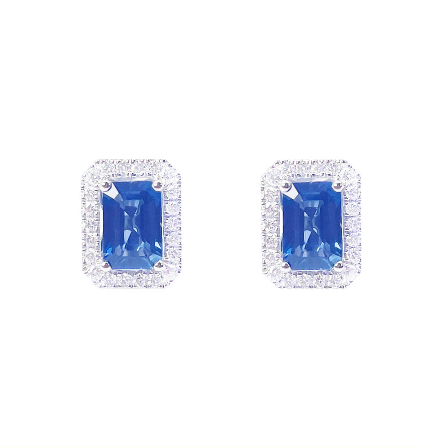 18ct White Gold Natural Emerald Cut Sapphire Round Diamond Stud Earrings 1.60ct