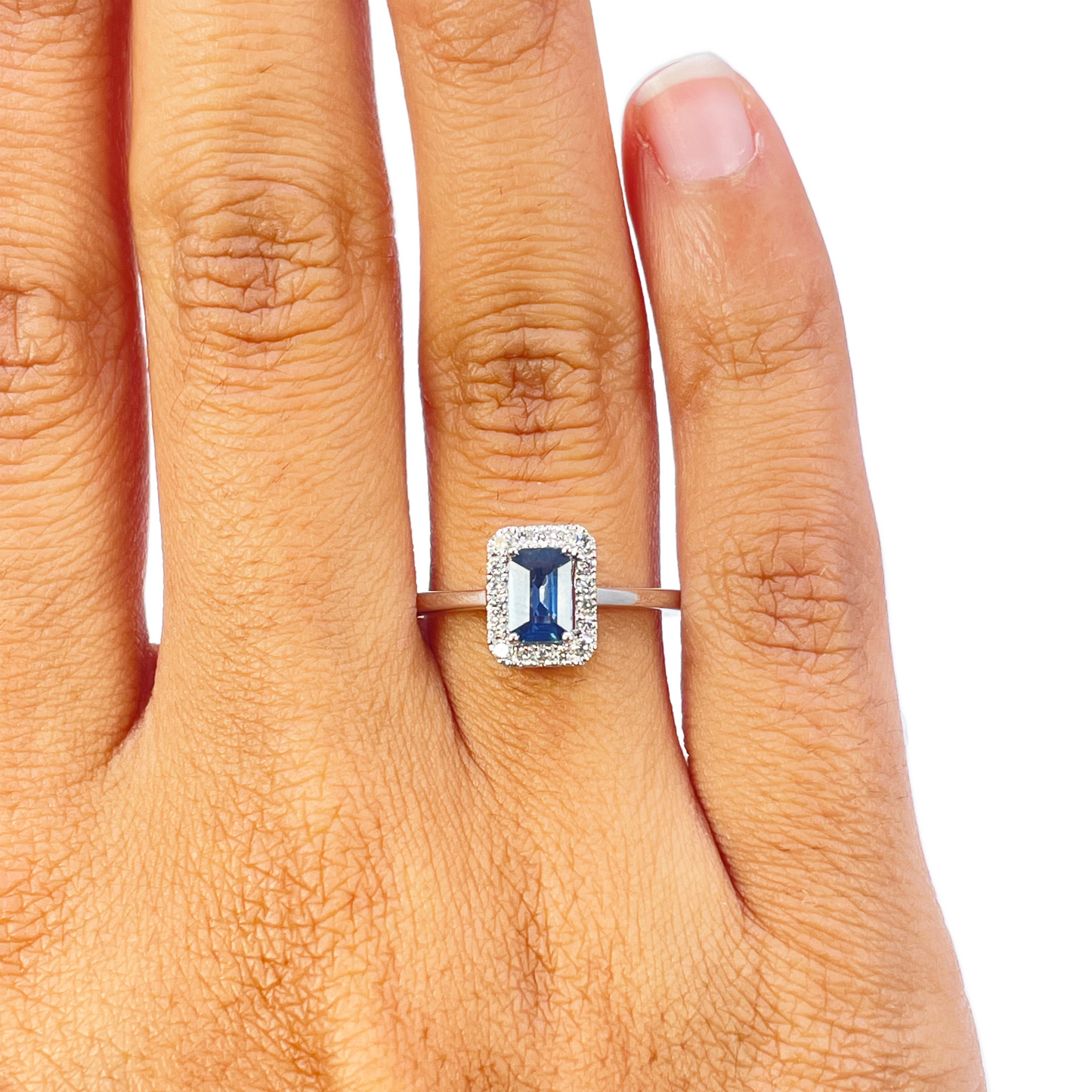 18ct White Gold Emerald Cut Blue Sapphire & Diamond Halo Ring 0.79ct Diamond Ring