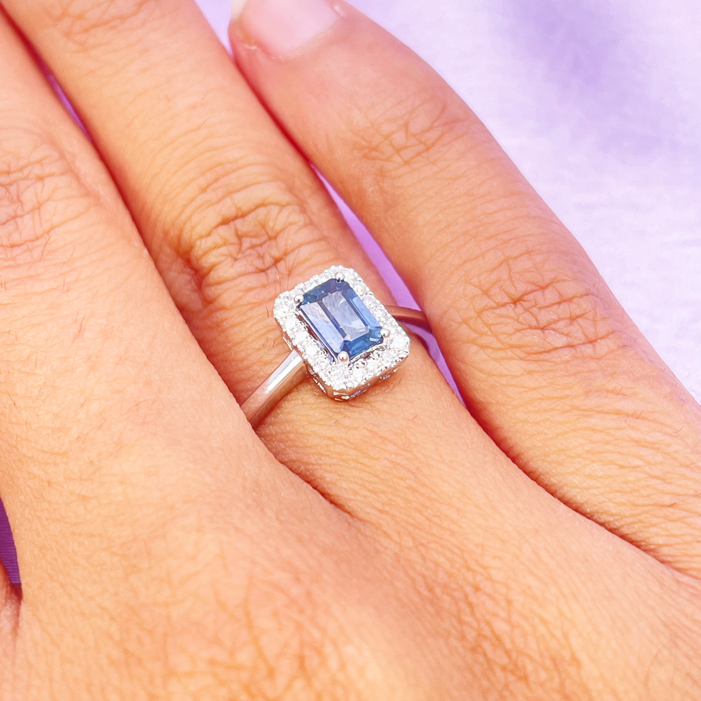 18ct White Gold Emerald Cut Blue Sapphire & Diamond Halo Ring 0.79ct Diamond Ring