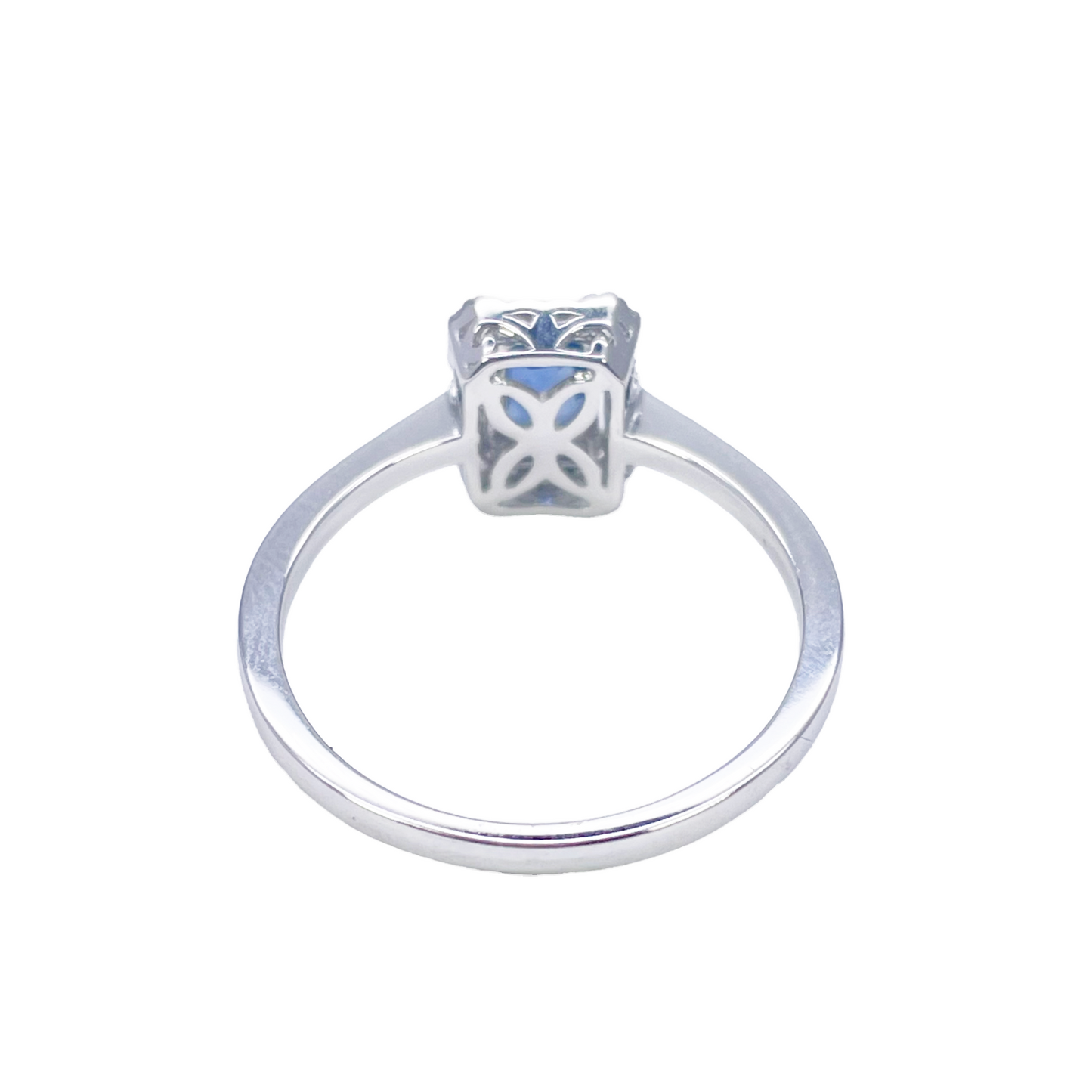 18ct White Gold Emerald Cut Blue Sapphire & Diamond Halo Ring 0.79ct Diamond Ring