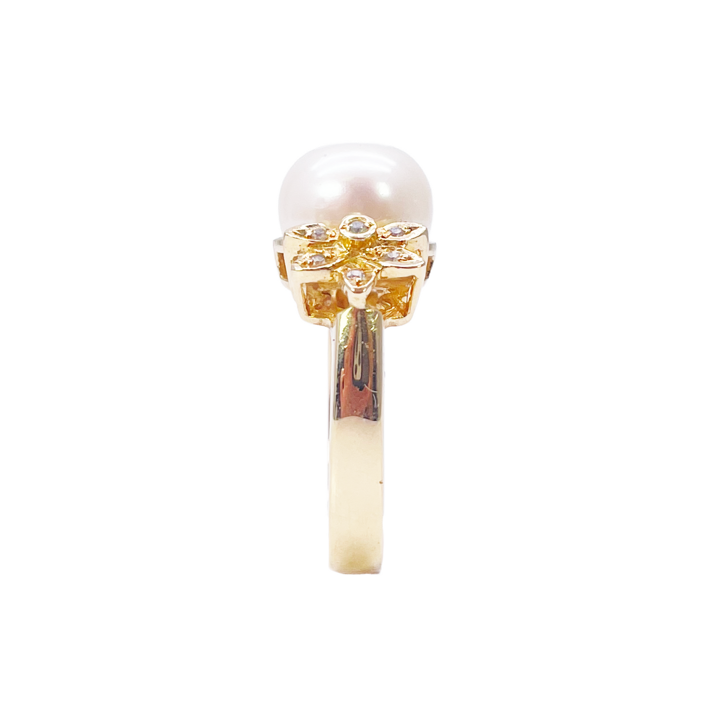 18ct Yellow Gold Pre-Owned Cubic Zirconia & Freshwater Pearl Elegant Vintage Floral Ring