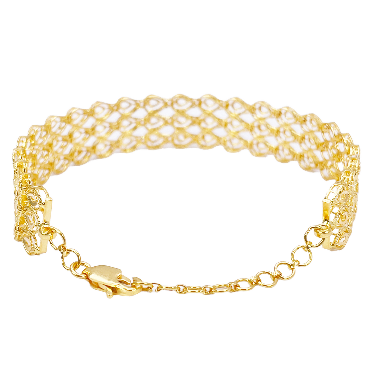 22ct Gold Milgrain Bracelet Three Row Diamond Cut Teardrop 7.5 Inch 12mm Width