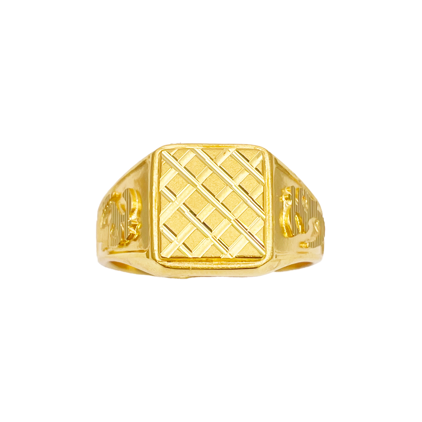 22ct Gold Mens Signet Square Diamond Cut Textured Criss-Cross Ring