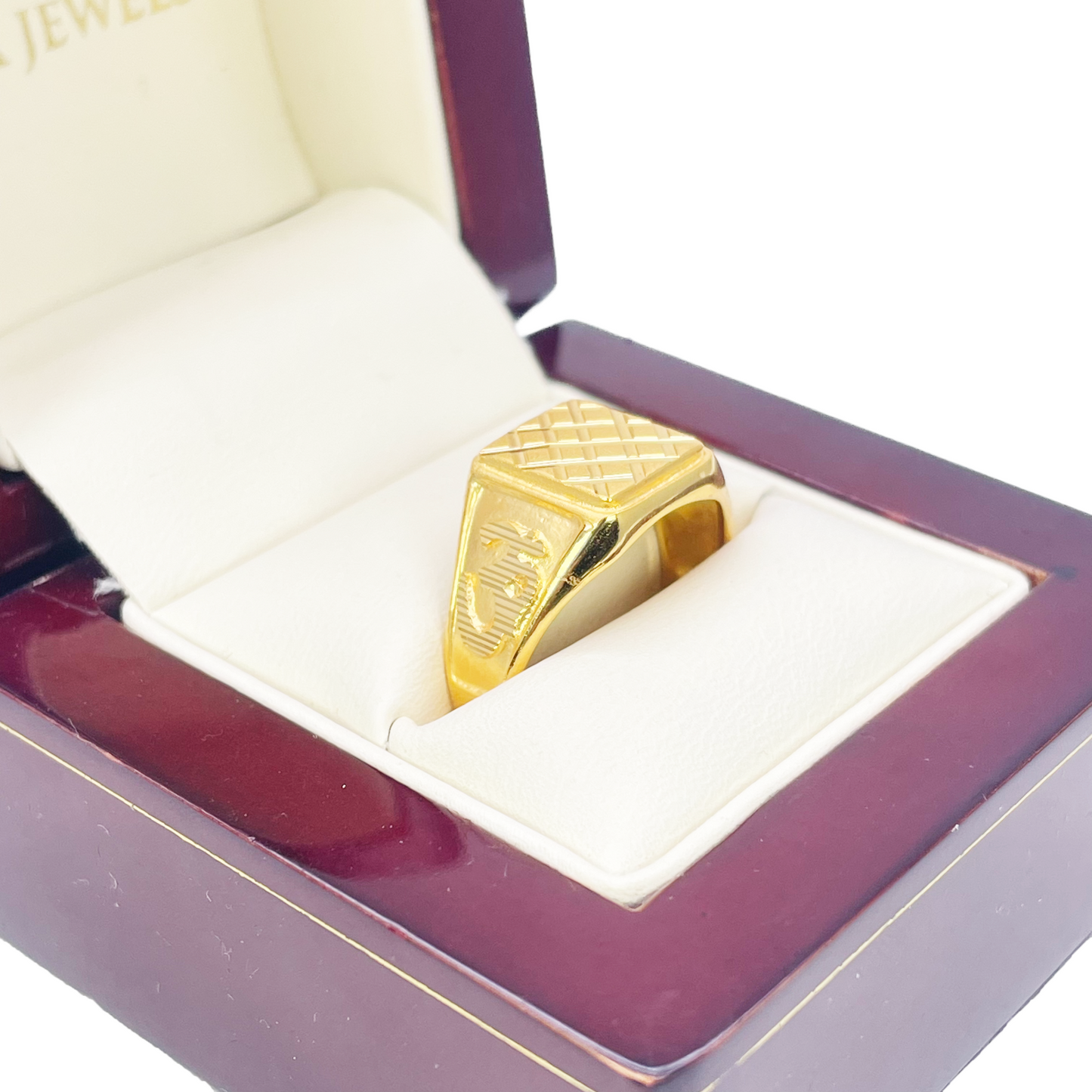 22ct Gold Mens Signet Square Diamond Cut Textured Criss-Cross Ring
