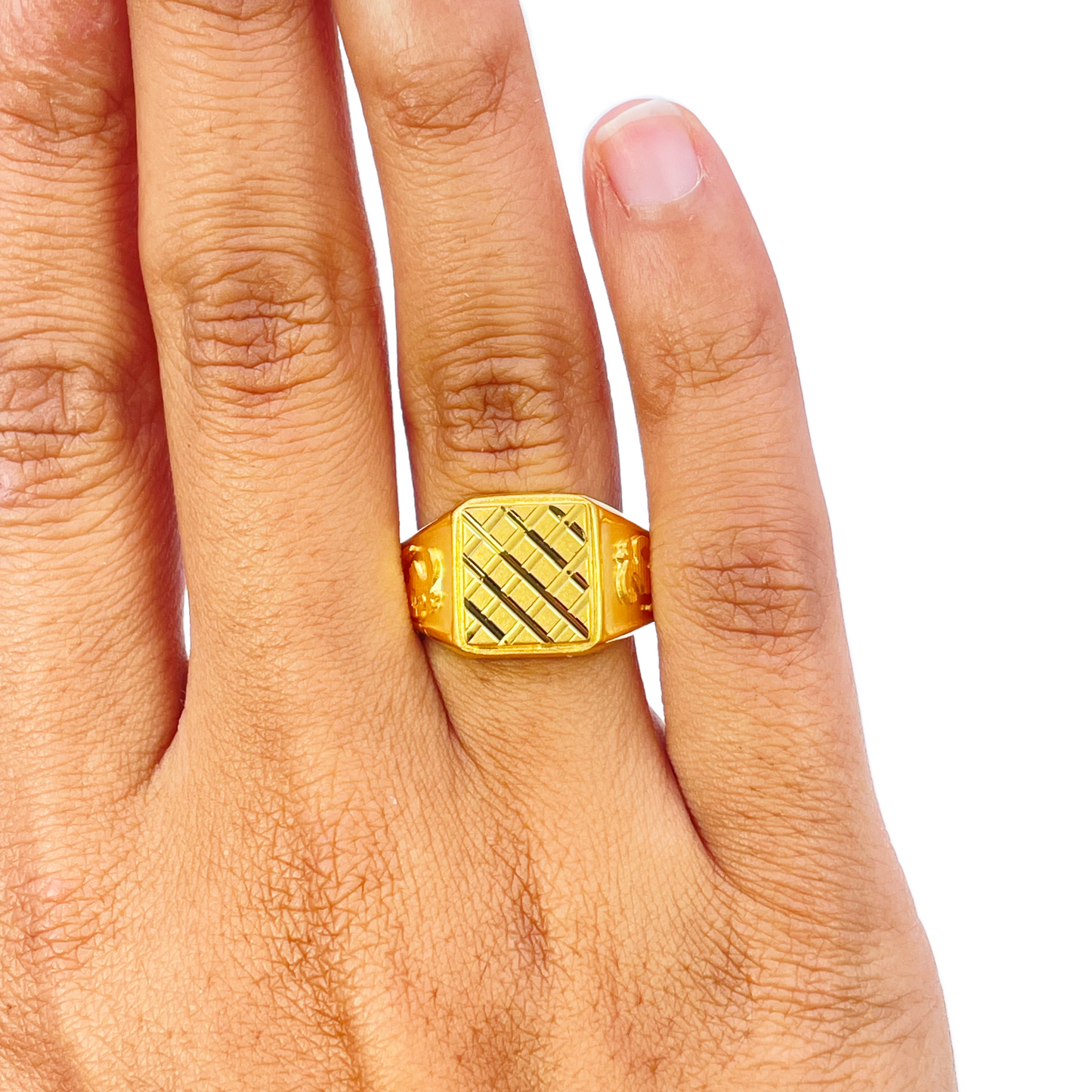 22ct Gold Mens Signet Square Diamond Cut Textured Criss-Cross Ring