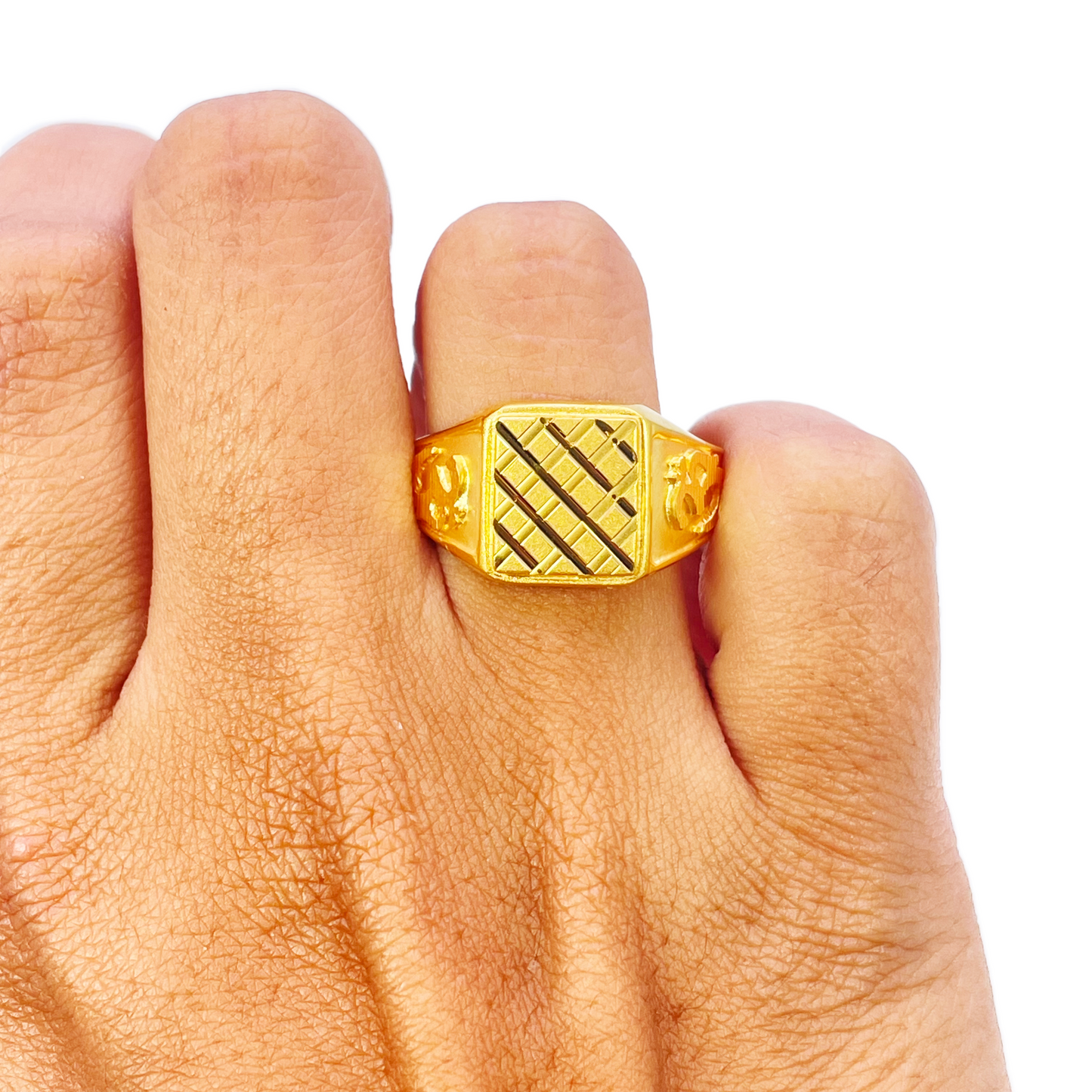 22ct Gold Mens Signet Square Diamond Cut Textured Criss-Cross Ring