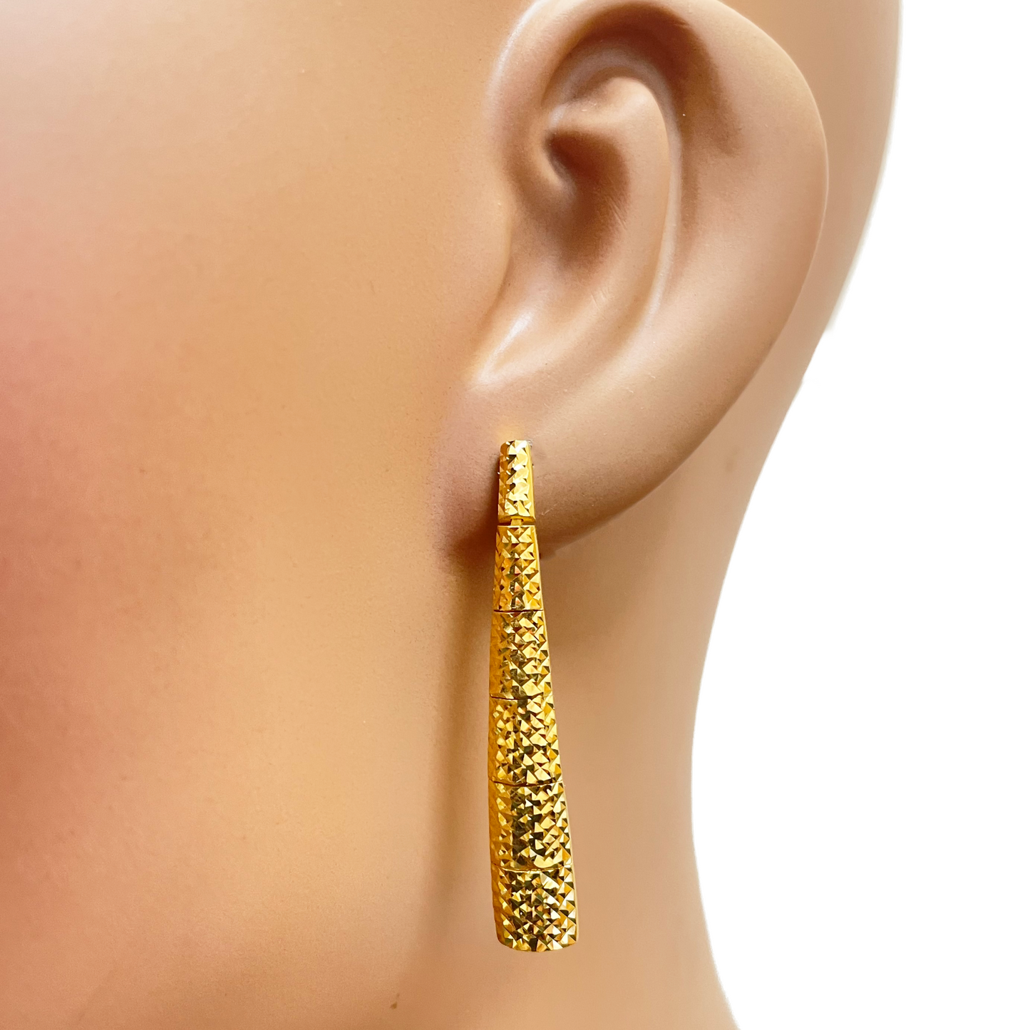 22ct Gold Drop Earrings Diamond Cut Shimmer Textured Studs 1.5 Inches