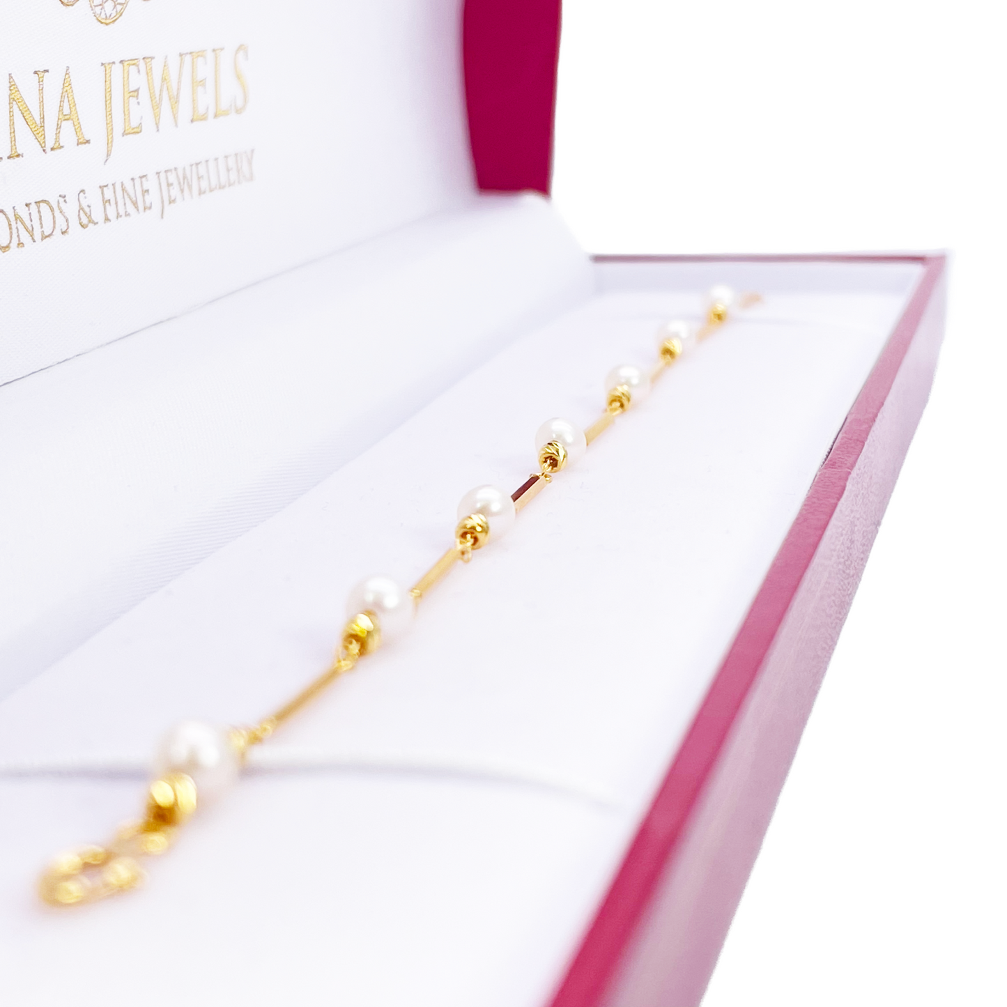 22ct Gold Pearl Bracelet Bar Link Seven Freshwater Pearls 7 Inches