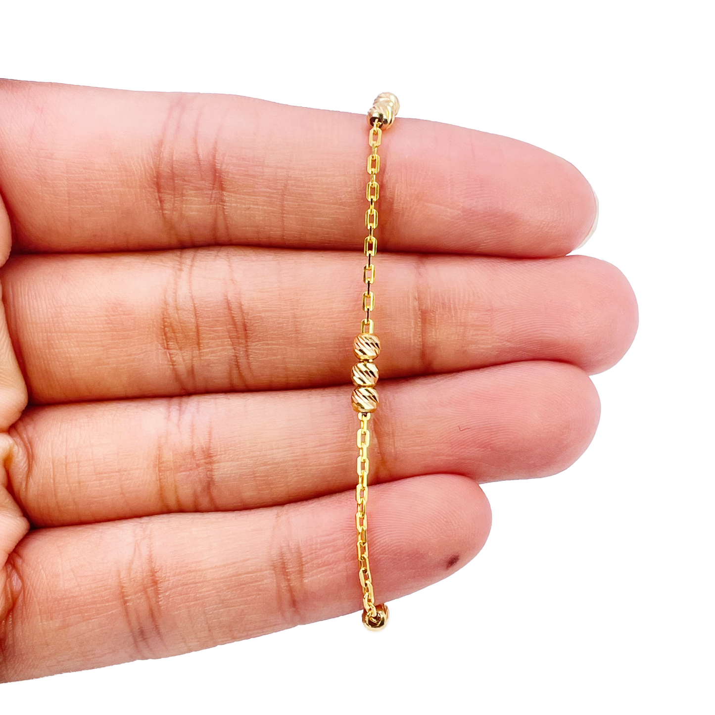 22ct Gold Baby Bracelet Seven Diamond Cut Beads & Cable link Chain 5 Inches