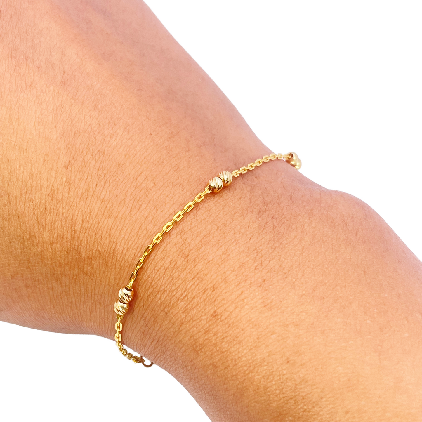 22ct Gold Baby Bracelet Six Diamond Cut Beads & Cable link Chain 5 Inches
