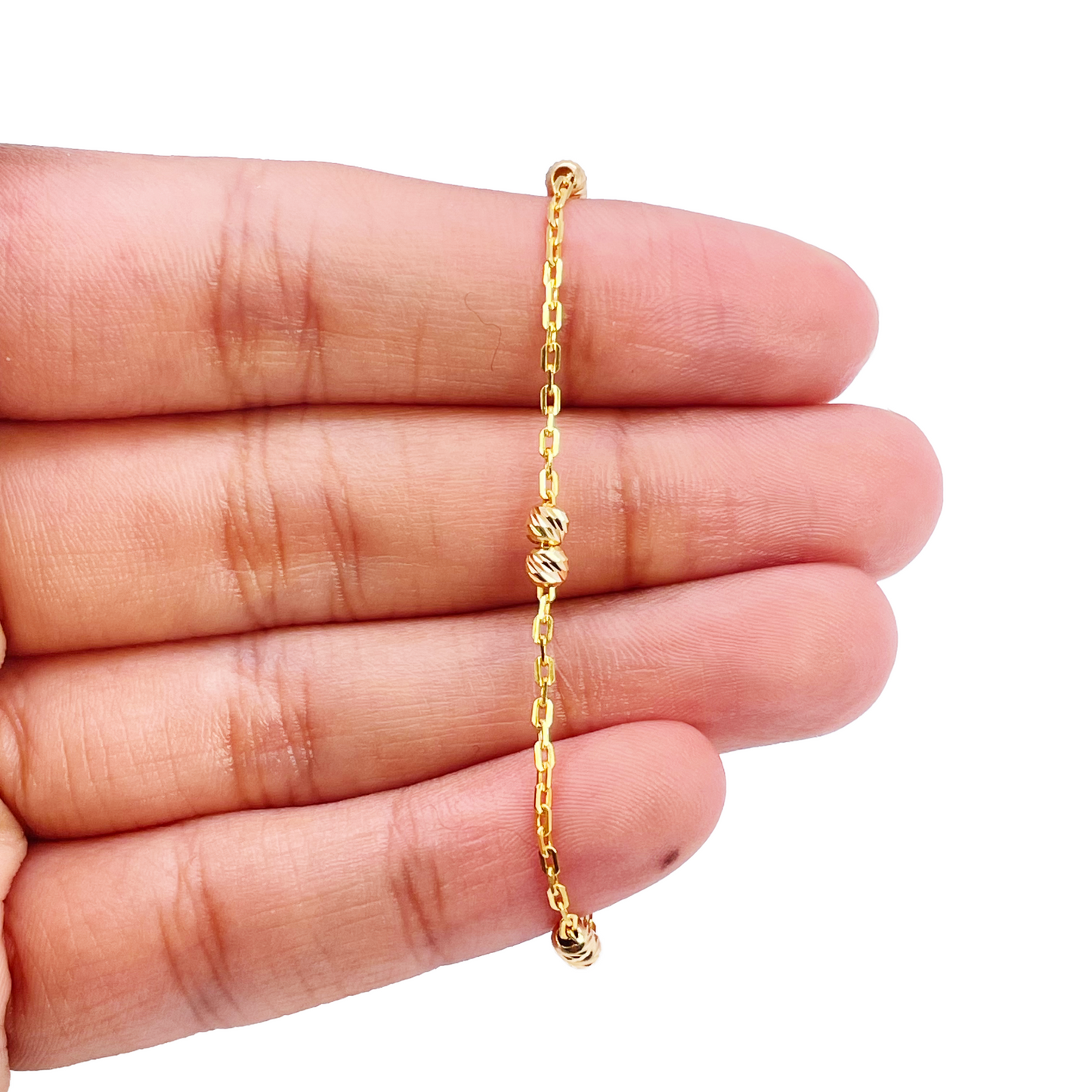 22ct Gold Baby Bracelet Six Diamond Cut Beads & Cable link Chain 5 Inches