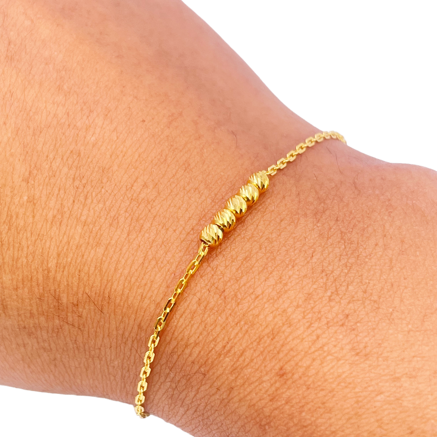22ct Gold Baby Bracelet Five Diamond Cut Beads & Cable link Chain 5 Inches