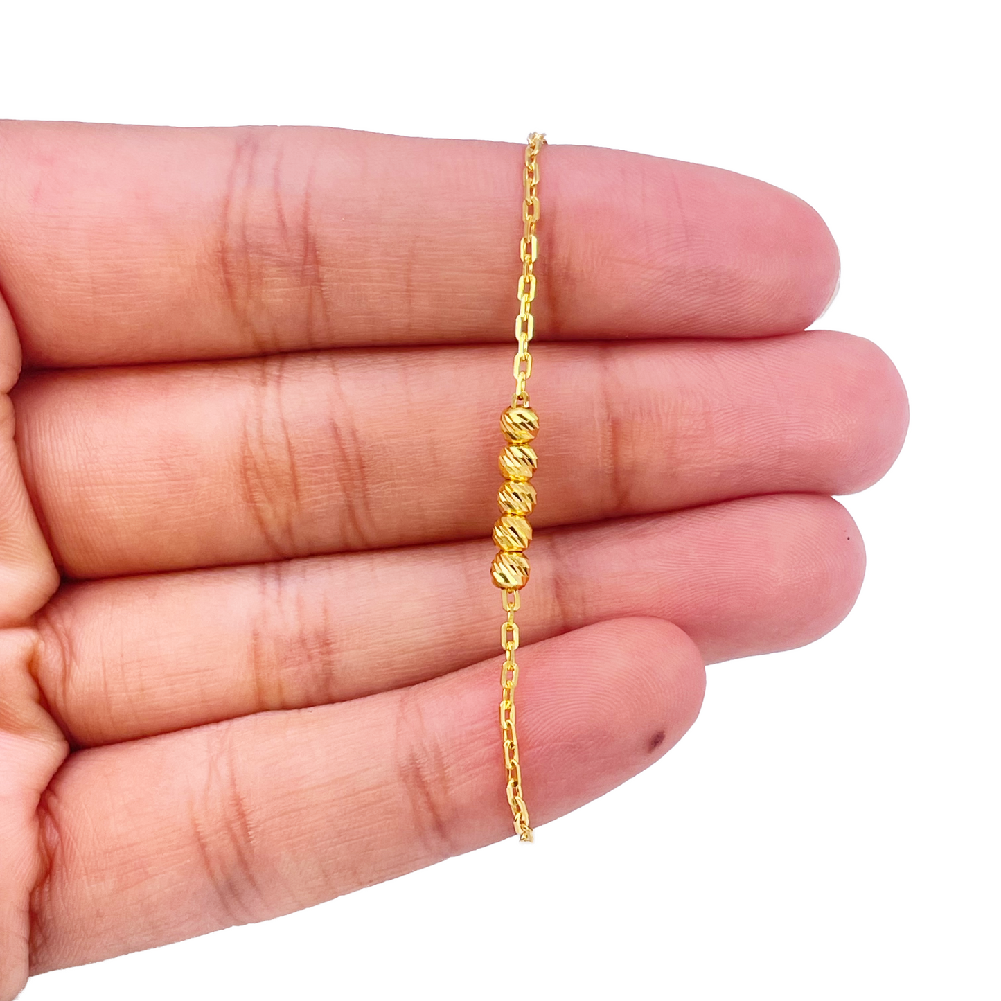 22ct Gold Baby Bracelet Five Diamond Cut Beads & Cable link Chain 5 Inches