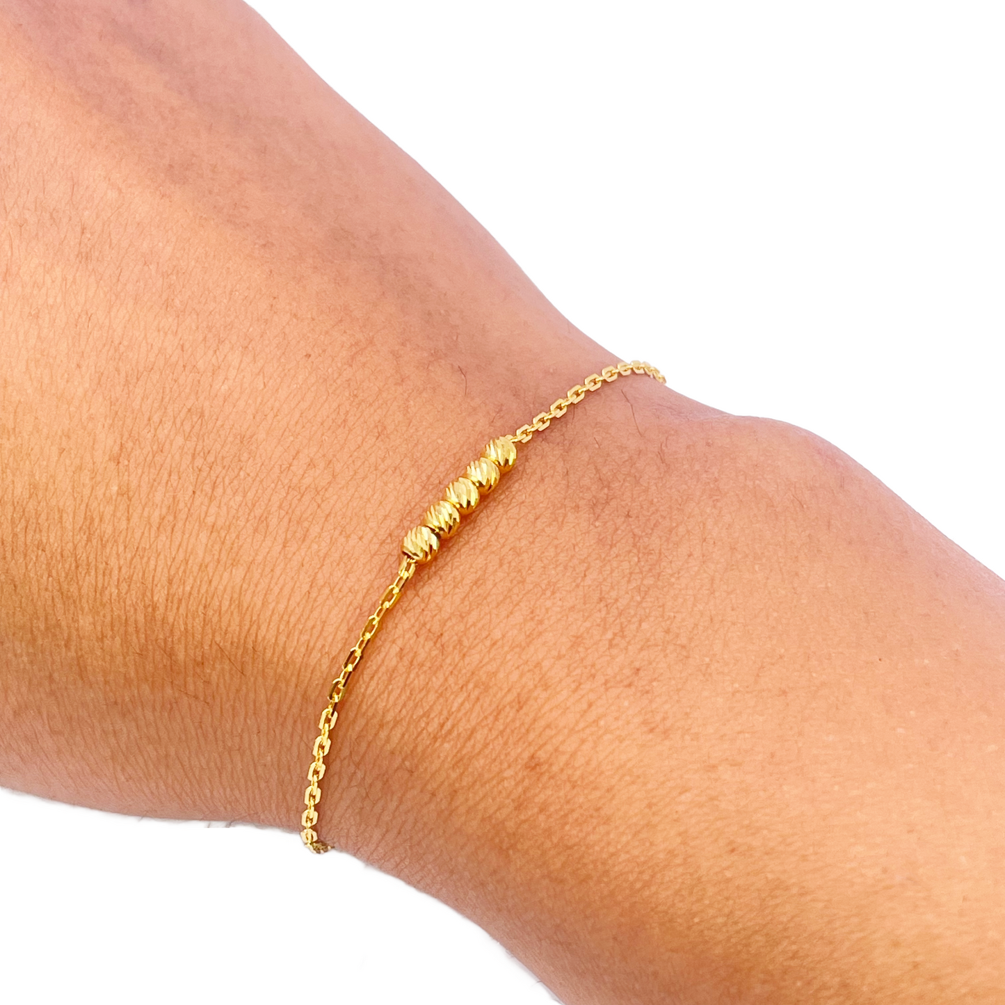 22ct Gold Baby Bracelet Five Diamond Cut Beads & Cable link Chain 5 Inches