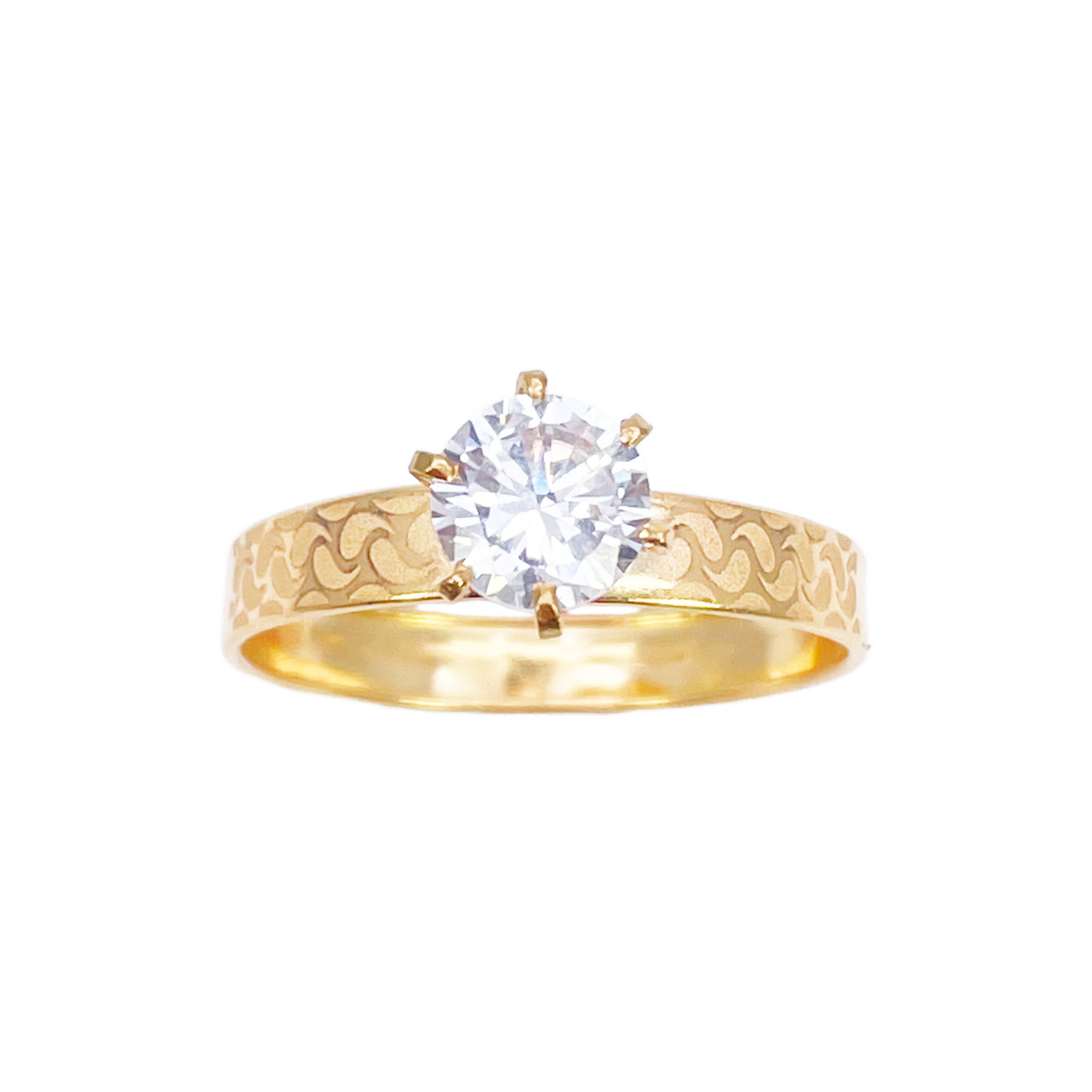 22ct Gold Cubic Zirconia Solitaire Ring Patterned Shoulder 6-Claw 7.7mm Width