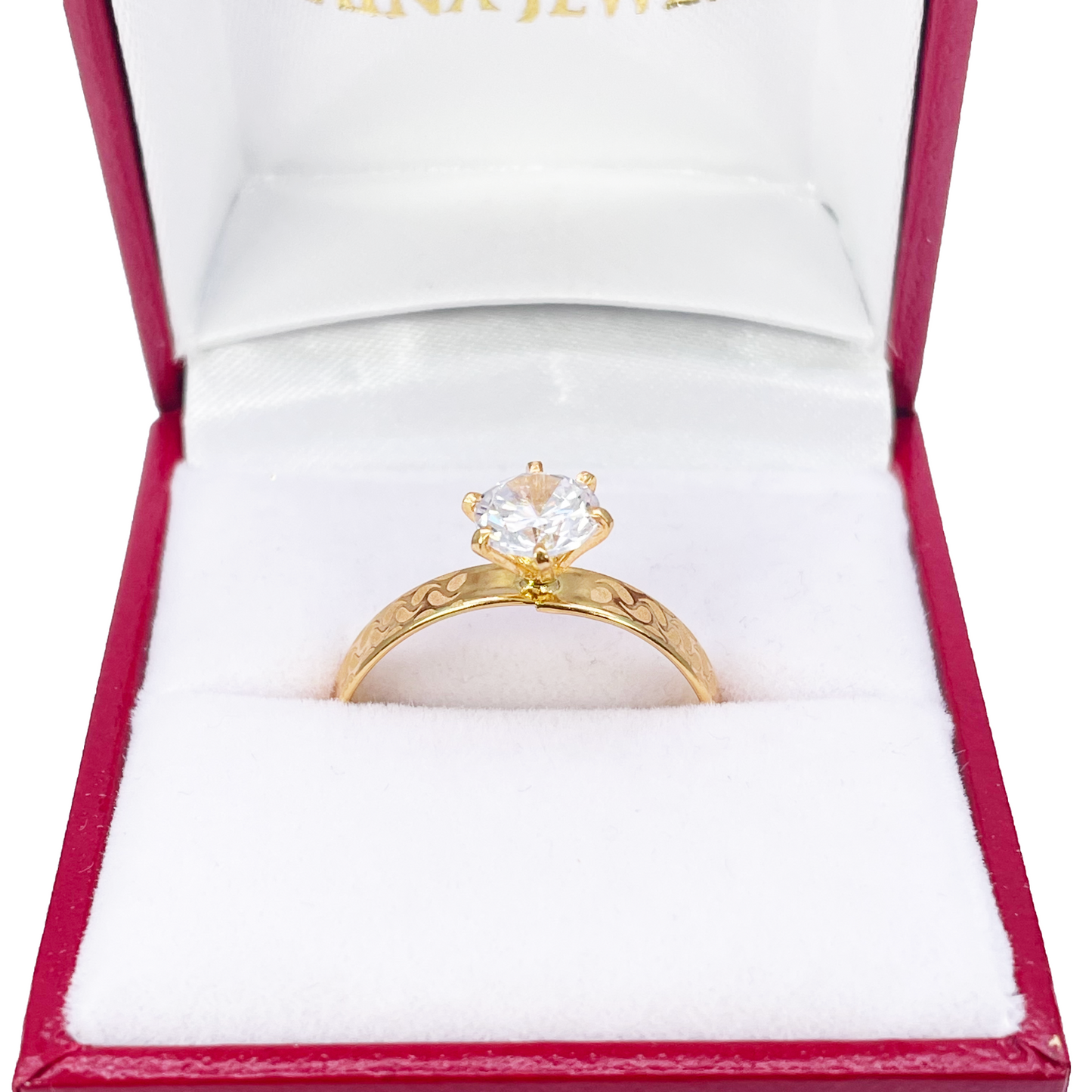22ct Gold Cubic Zirconia Solitaire Ring Patterned Shoulder 6-Claw 7.7mm Width