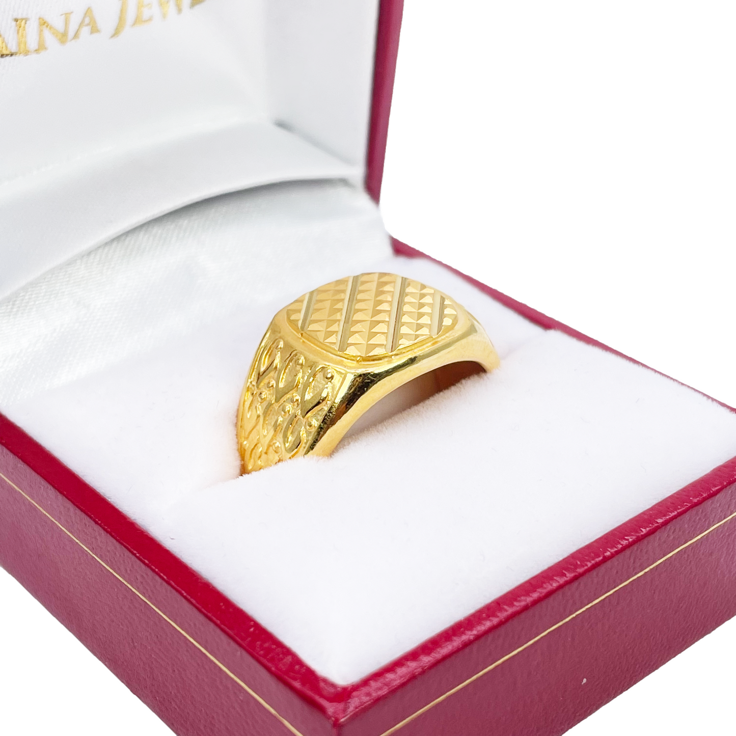 22ct Gold Mens Signet High Polished & Matt Diamond Cut Textured Ring