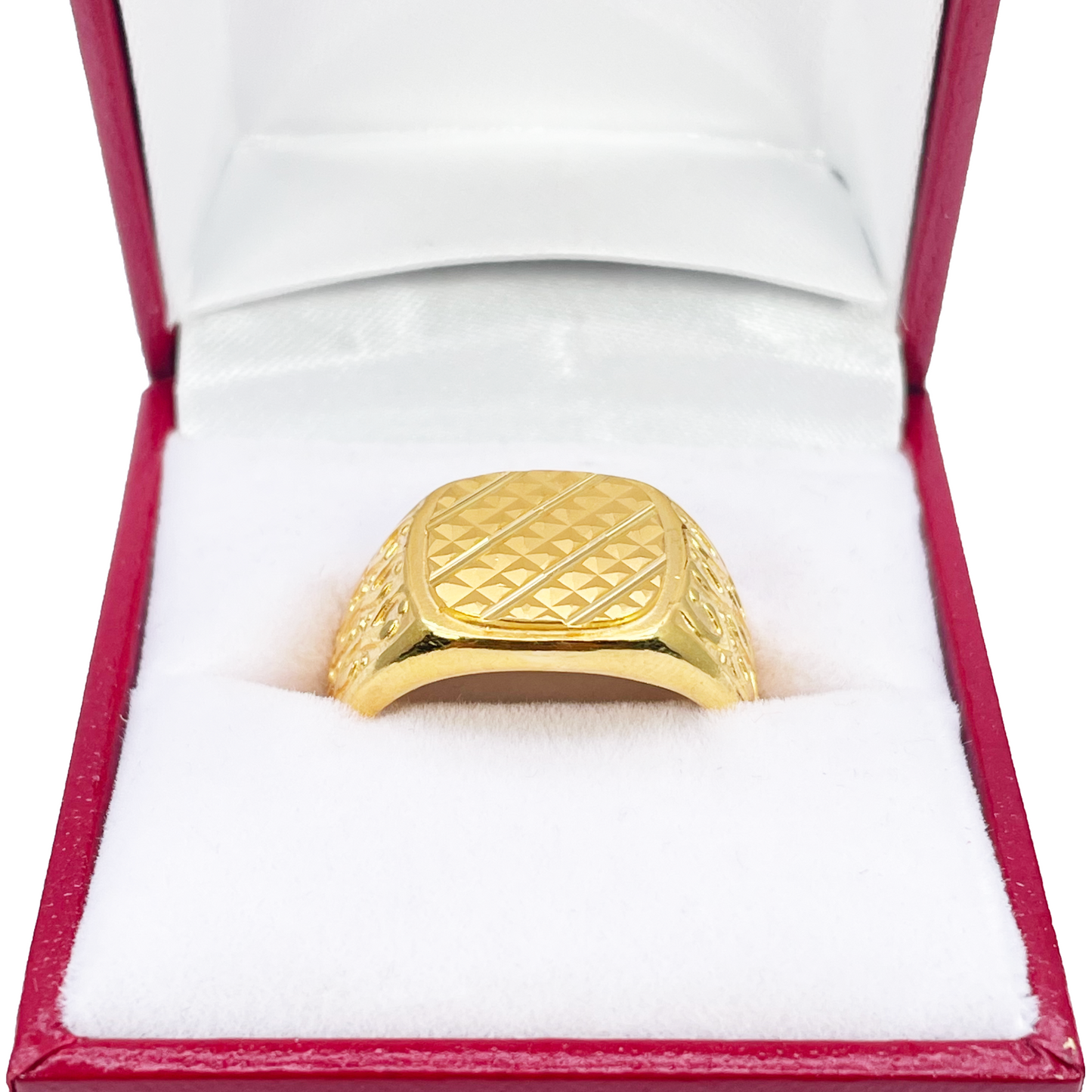 22ct Gold Mens Signet High Polished & Matt Diamond Cut Textured Ring