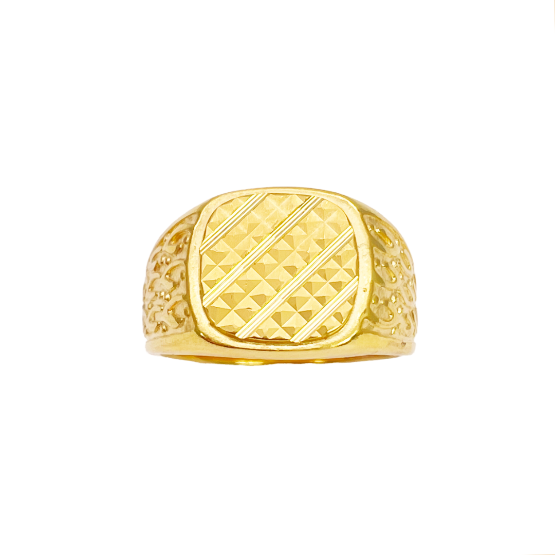 22ct Gold Mens Signet High Polished & Matt Diamond Cut Textured Ring