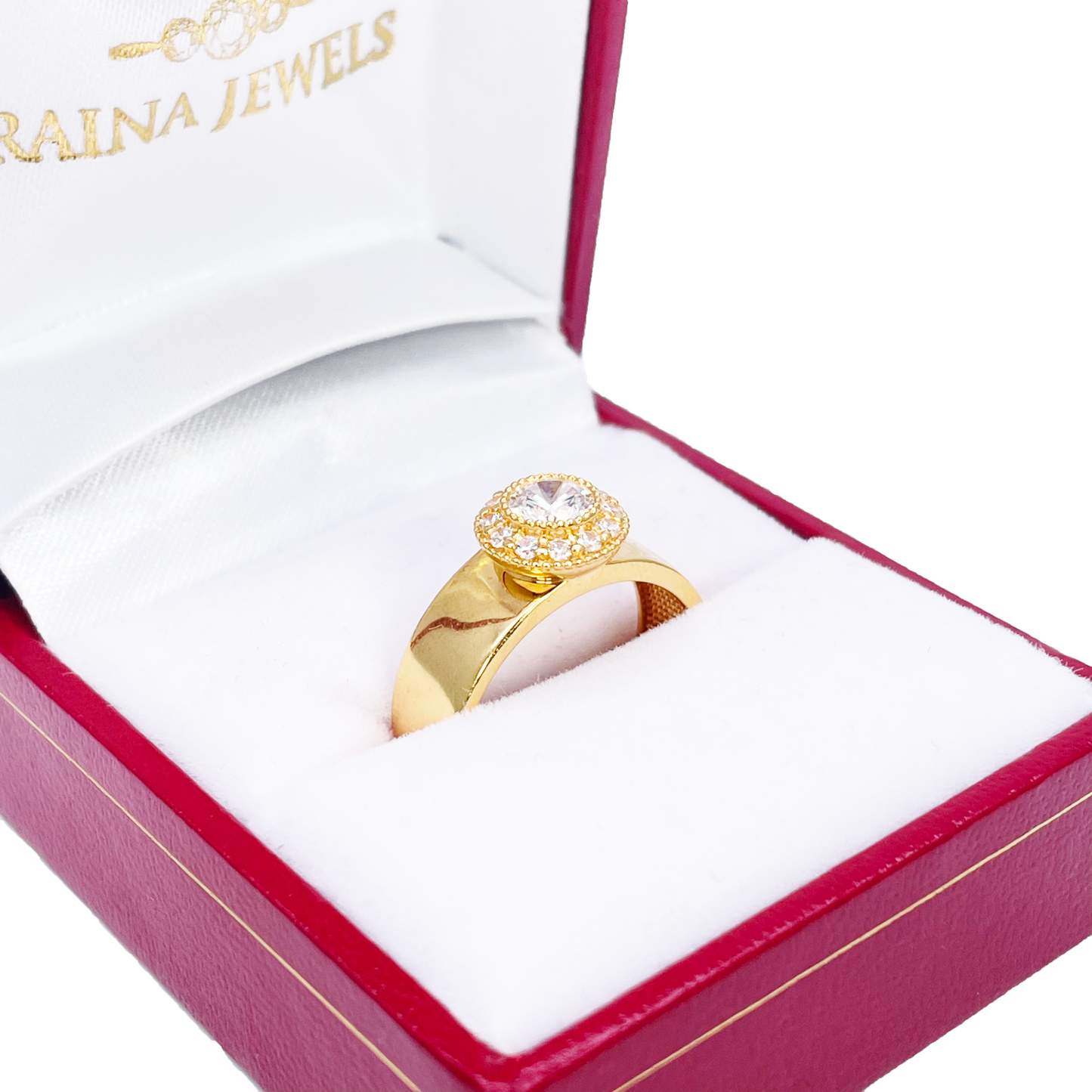 22ct Gold Cubic Zirconia Halo Ring High Polished 8.6mm Width