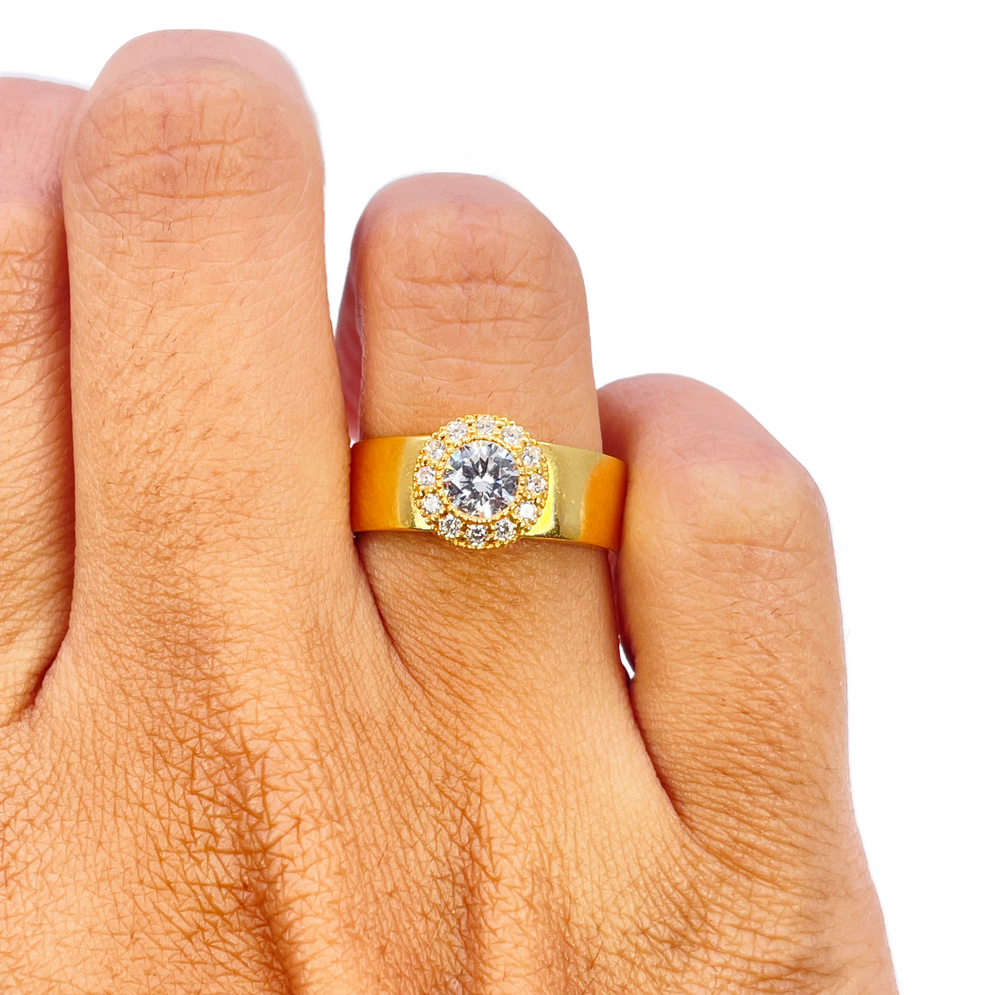 22ct Gold Cubic Zirconia Halo Ring High Polished 8.6mm Width
