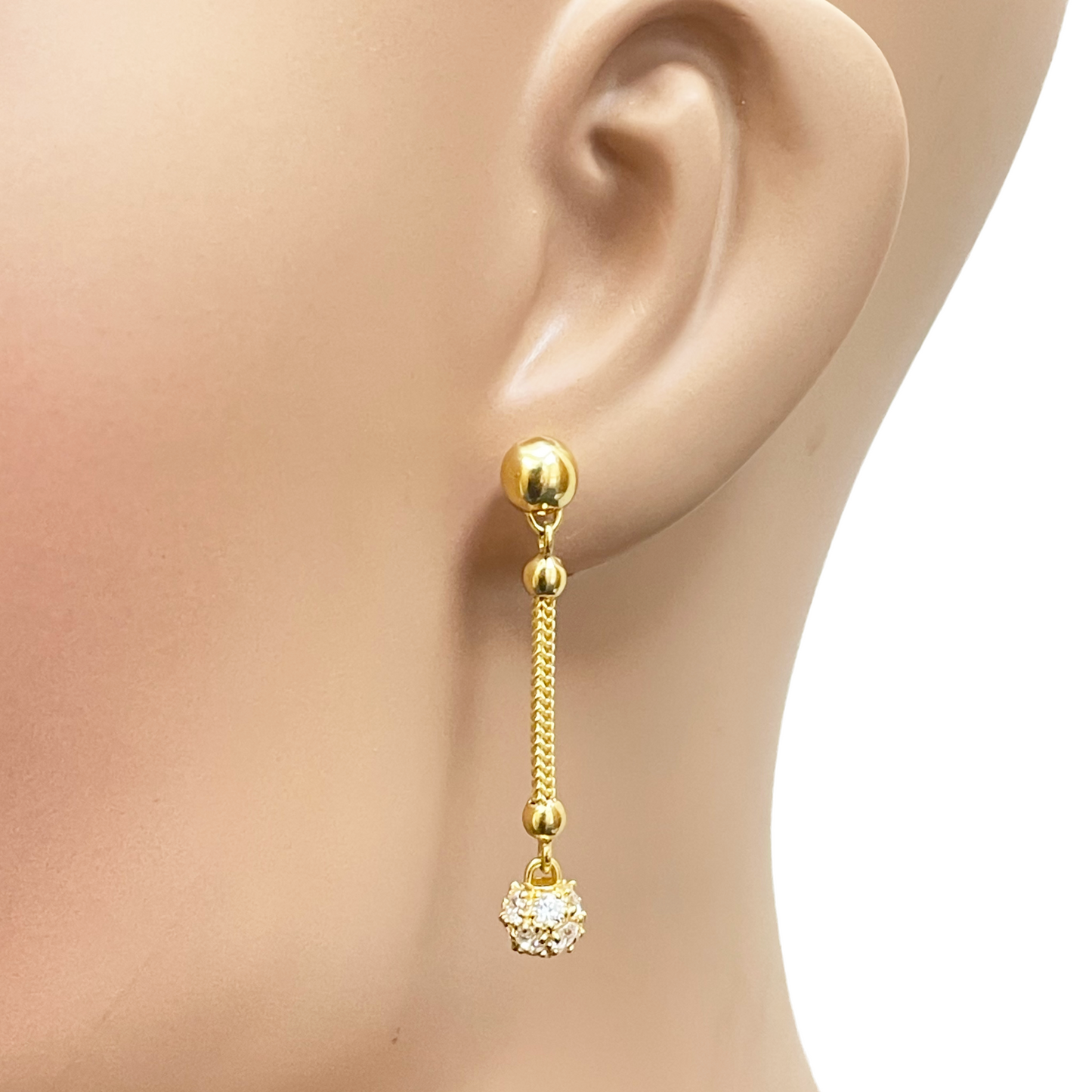 22ct Gold Drop Earrings Cubic Zirconia Glitter Ball Dragon Foxtail Chain Link 1.5 Inches