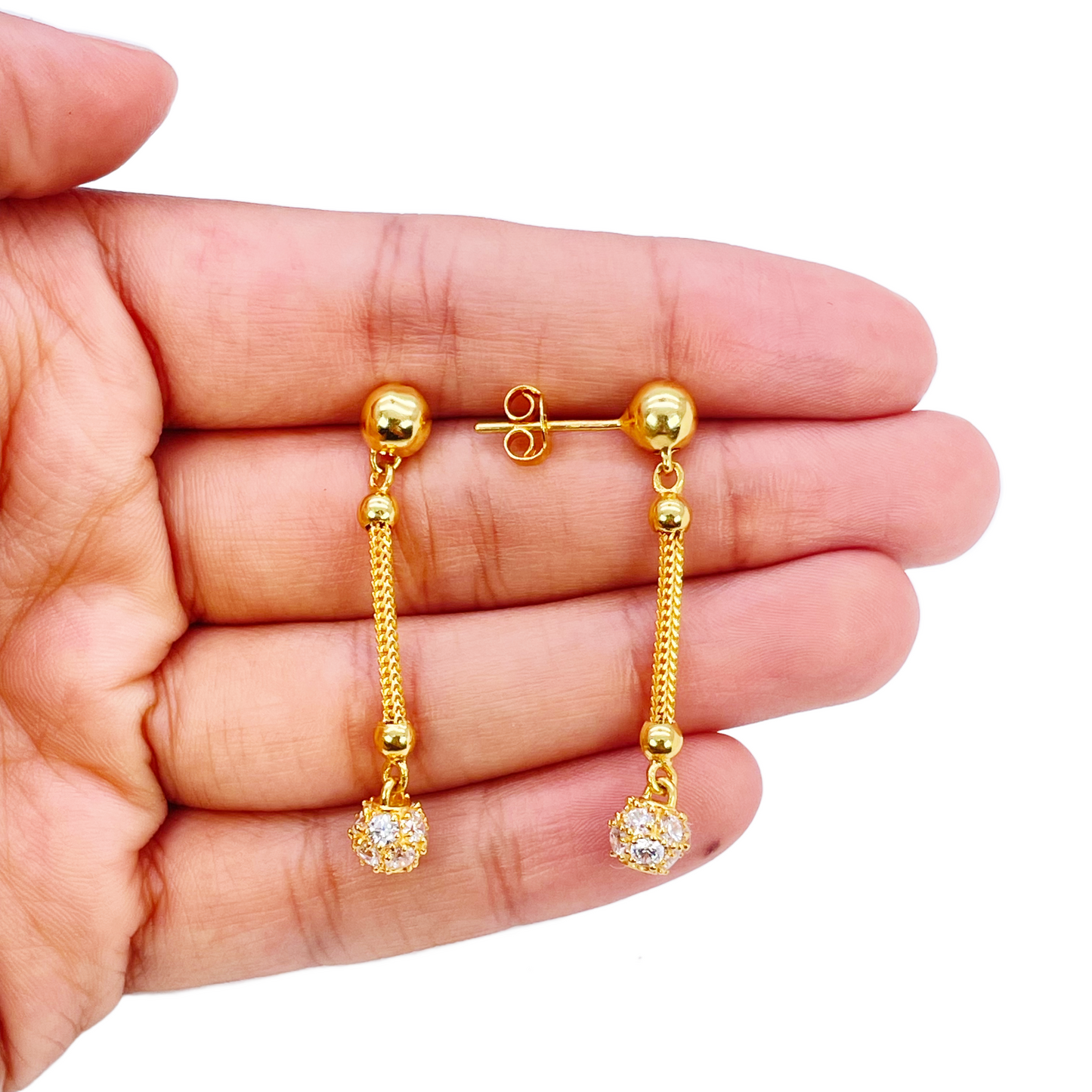 22ct Gold Drop Earrings Cubic Zirconia Glitter Ball Dragon Foxtail Chain Link 1.5 Inches